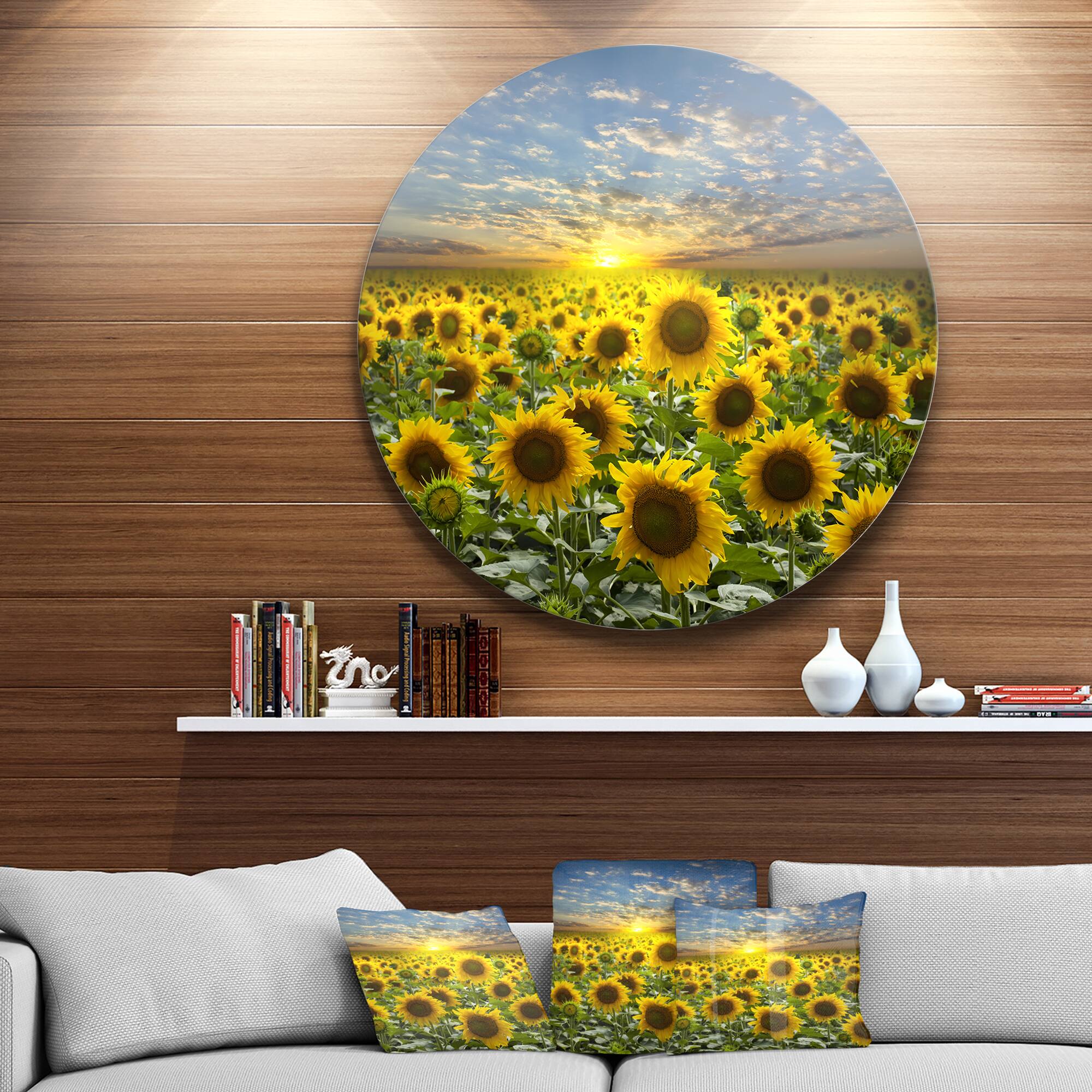 Designart - Field of Blooming Sunflowers&#x27; Large Flower Metal Circle Wall Art