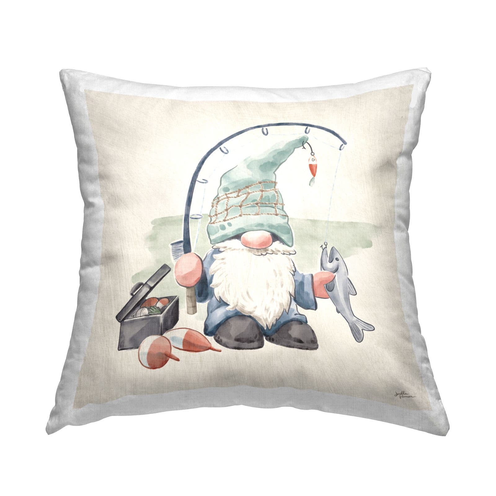 Stupell Industries Gnome Fishing Pole Summer Watercolor Beach Theme Throw Pillow 18" x 18"