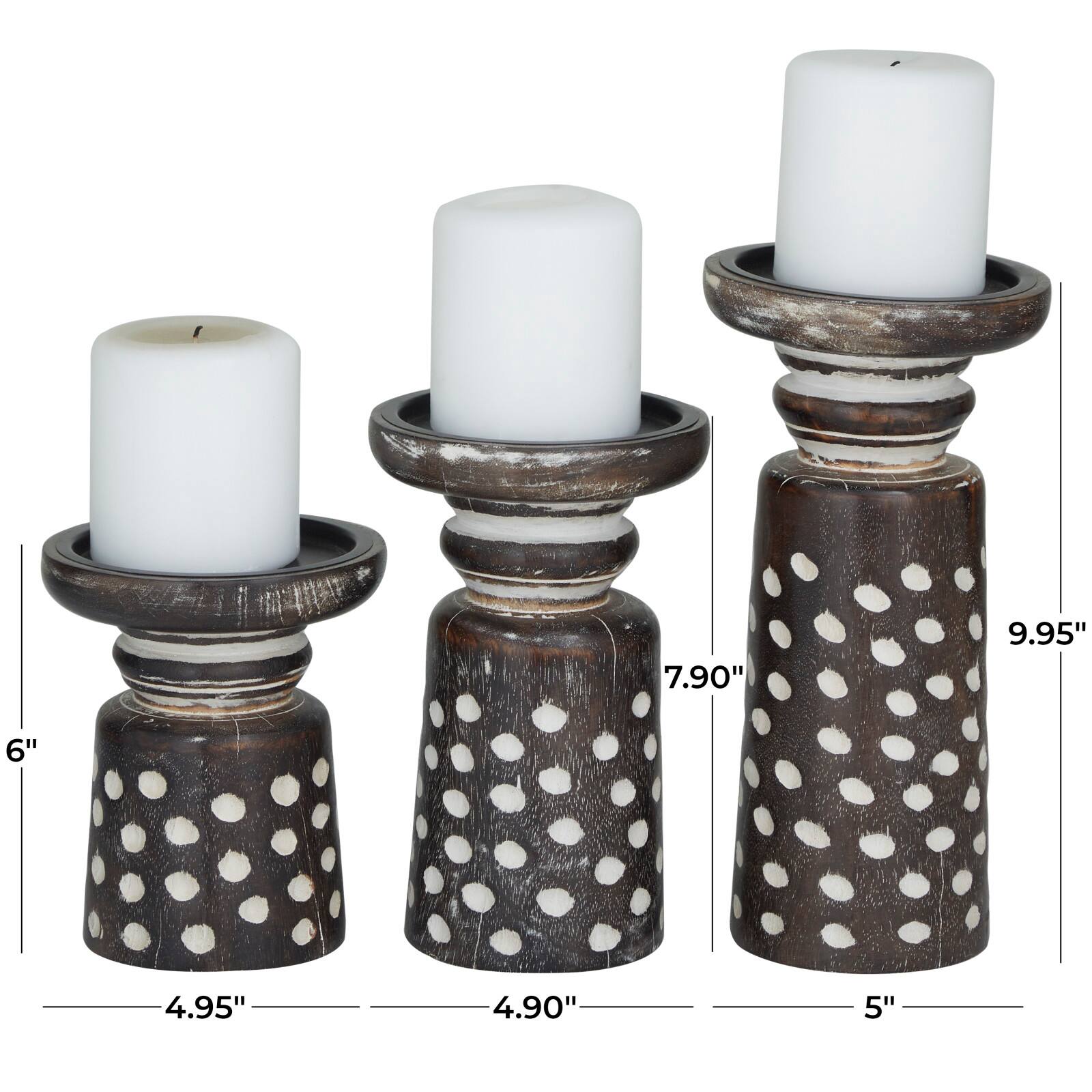 Dark Brown Mango Wood Round Carved Dotted Pillar Candle Holder Set