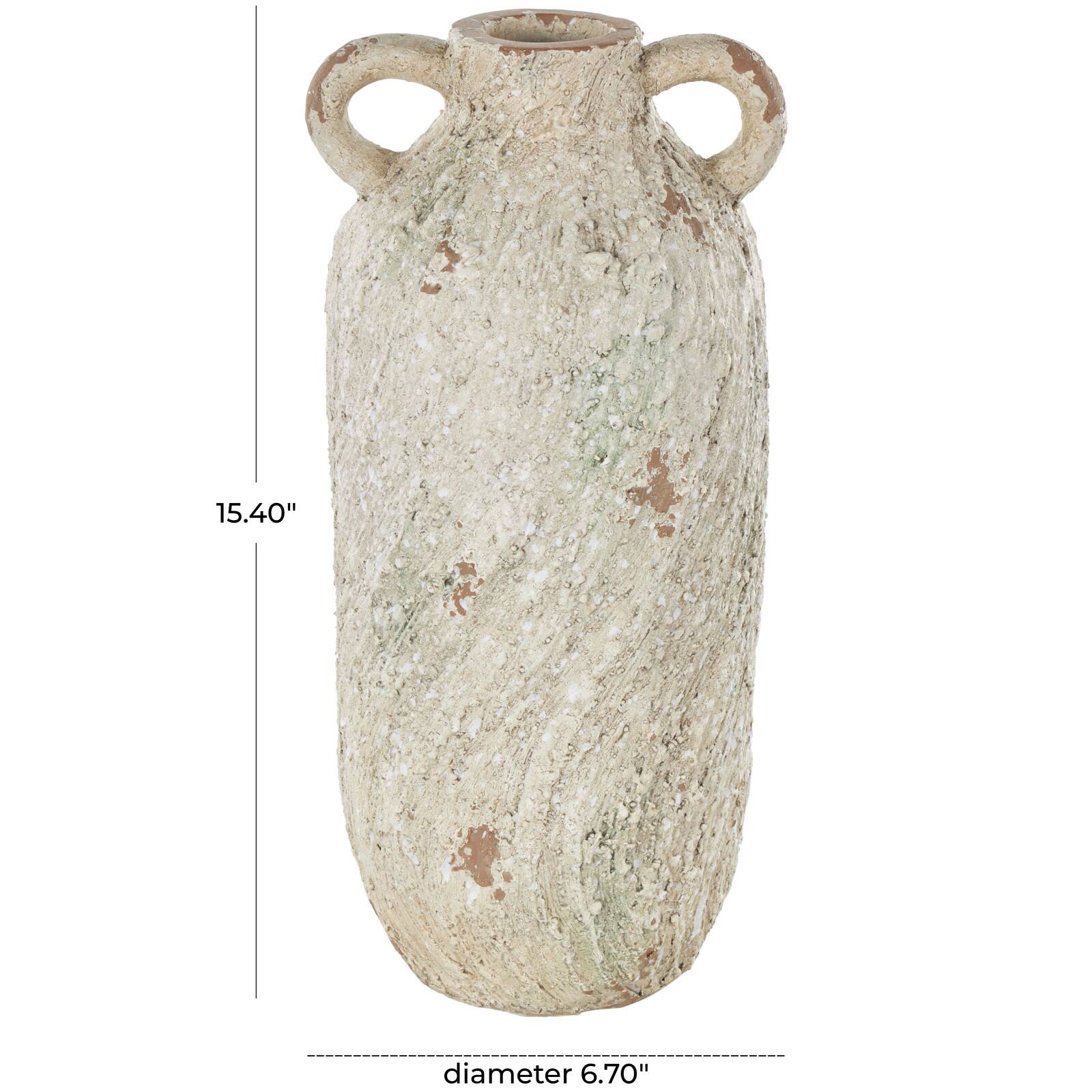 15.5" Cream Magnesium Oxide Antique Textured Amphora Decorative Vase with 2 Small Handles