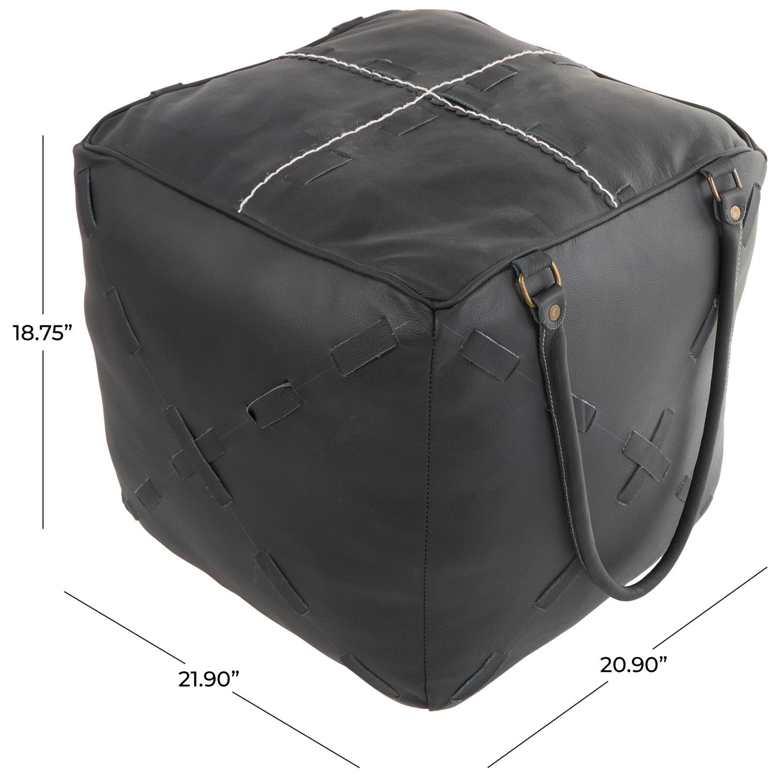 22&#x22; Leather Pouf with Woven Straps &#x26; Handles
