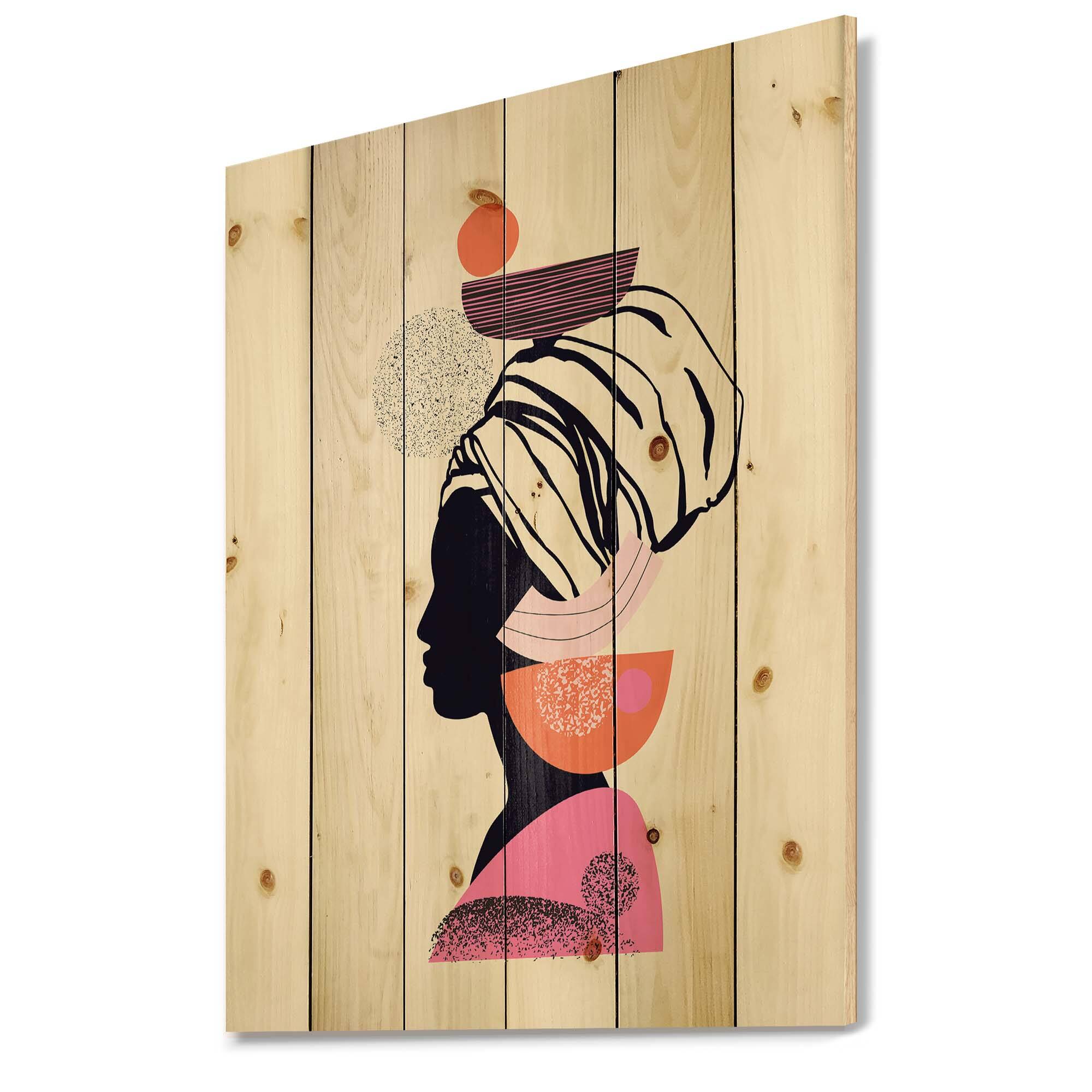 Designart - Ethnic Portrait of Afro American Woman - Modern Print on Natural Pine Wood