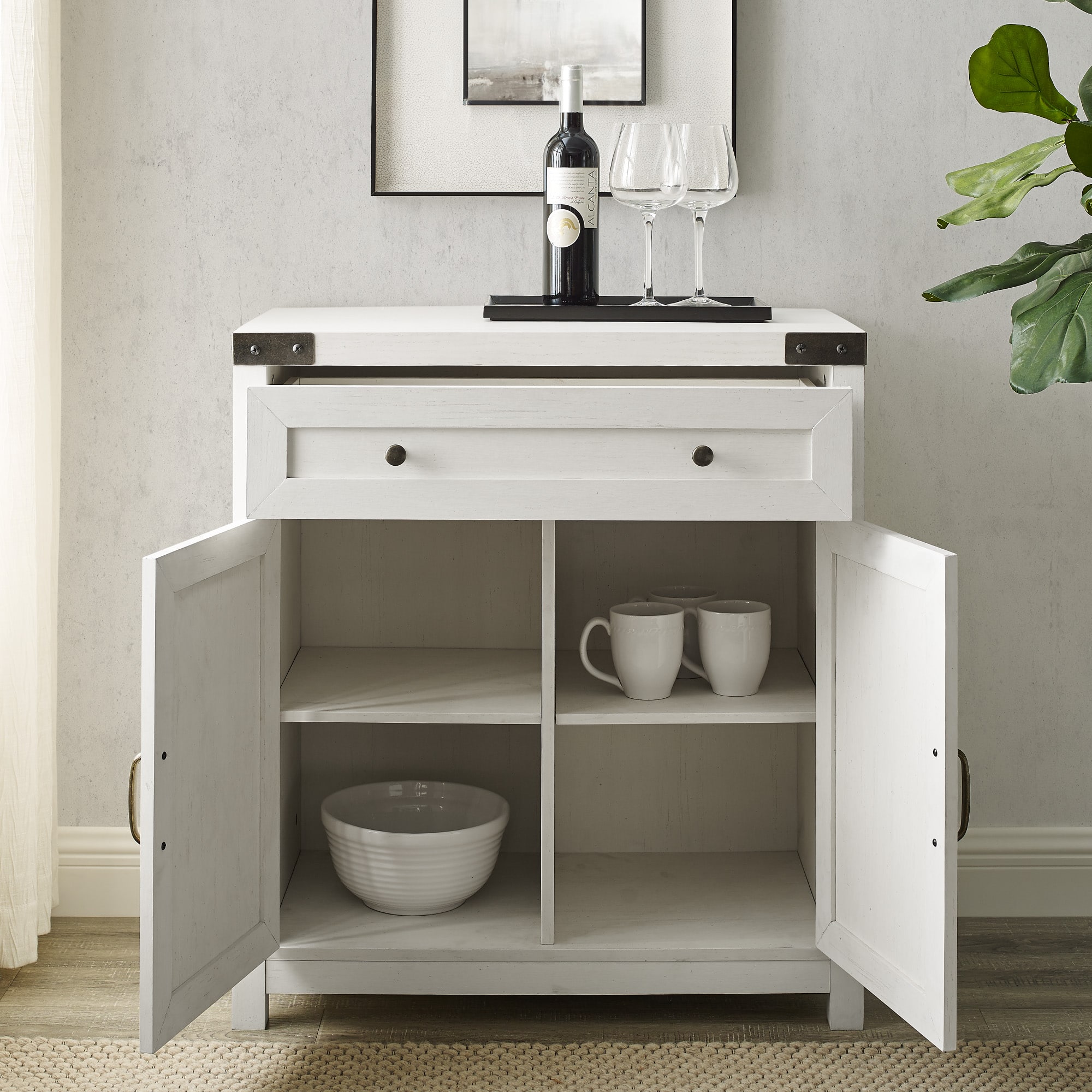 Walker Edison Brushed White Farmhouse Barn Door Accent Cabinet