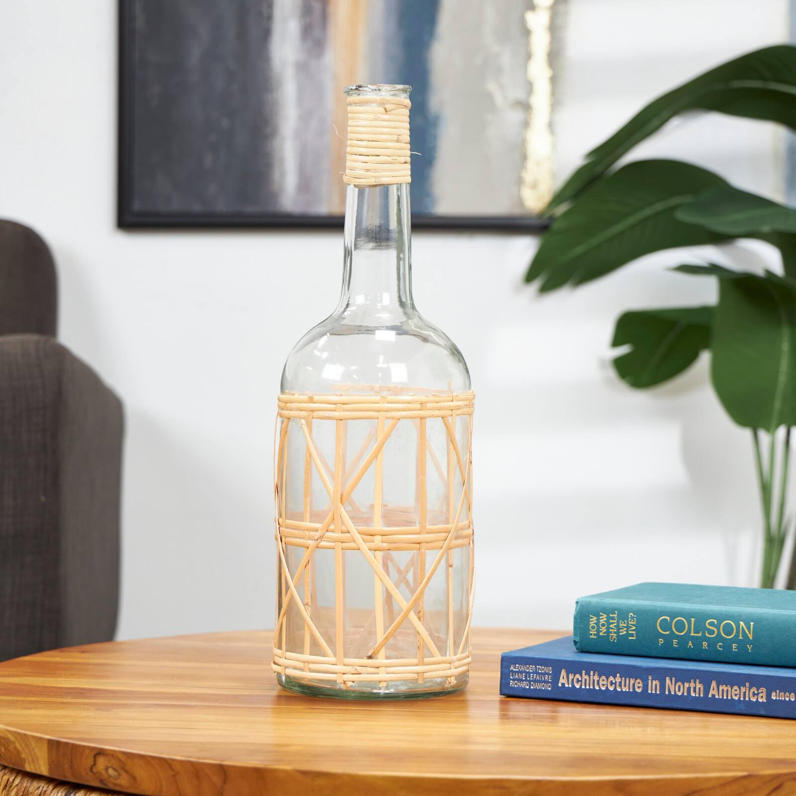 19" Clear Glass Handmade Vase with Light Brown Rattan Woven Body & Neck