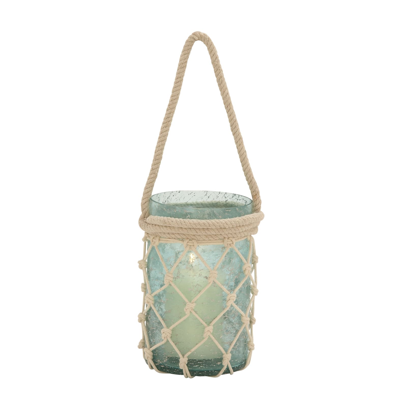 Aquamarine Glass Coastal Candle Holder Lantern, 16&#x22; x 5&#x22; x 5&#x22;