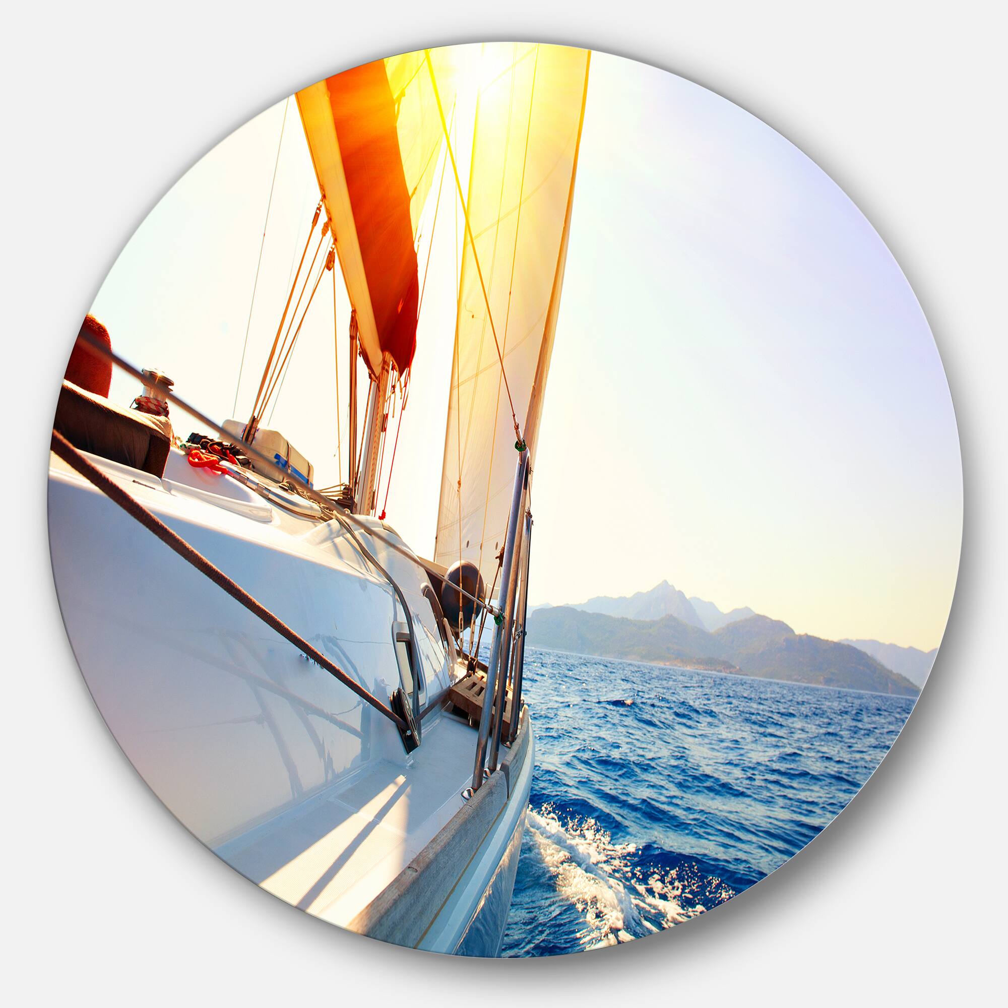Designart - Sailboat Sailing in the Blue Sea&#x27; Disc Large Seashore Metal Circle Wall Art