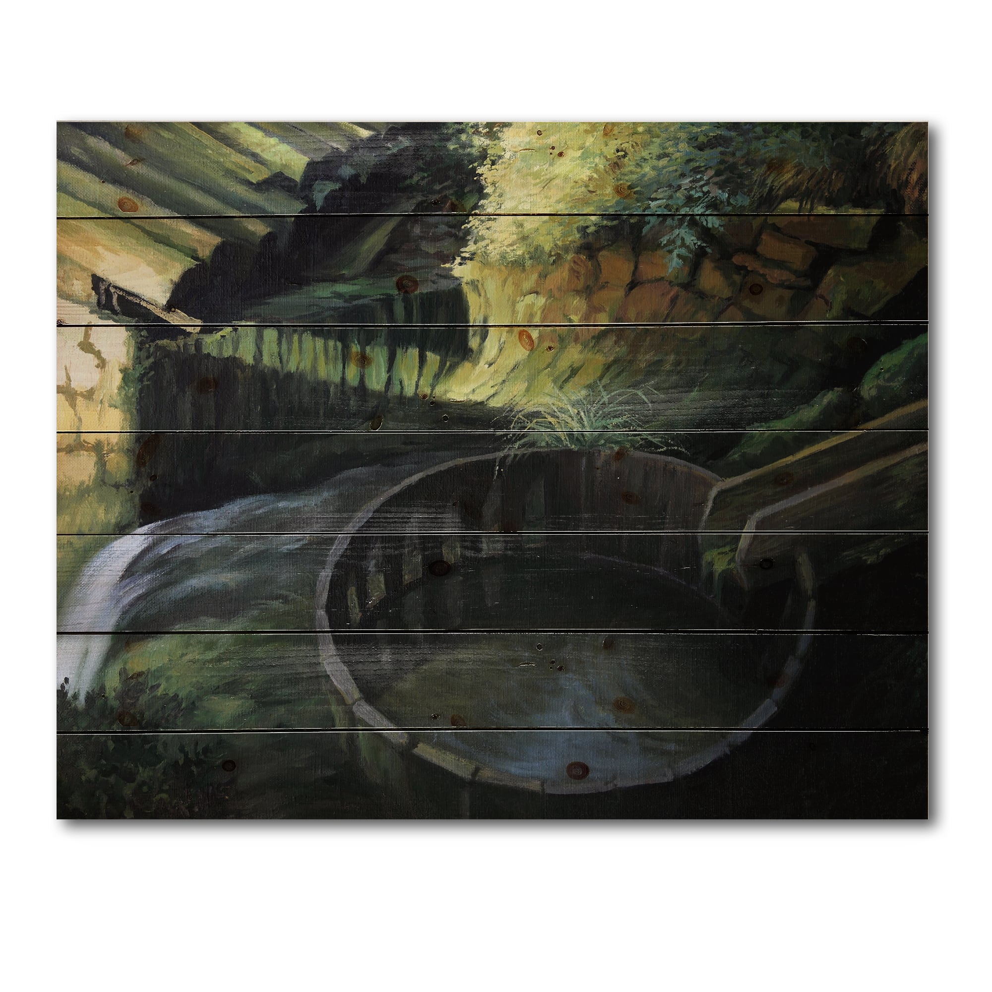 Designart - Old Watermill In Nature Landscape - Lake House Print on Natural Pine Wood