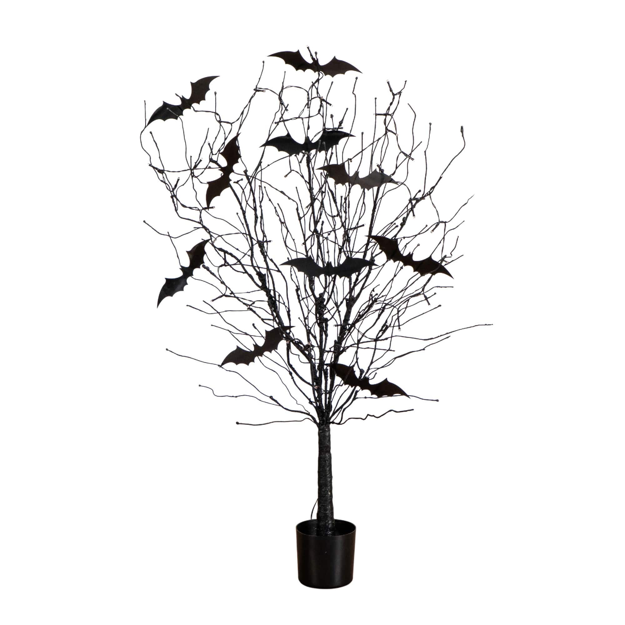 4ft. Pre-Lit Artificial Halloween Black Twig Tree with Bats and 50 Orange LED Lights