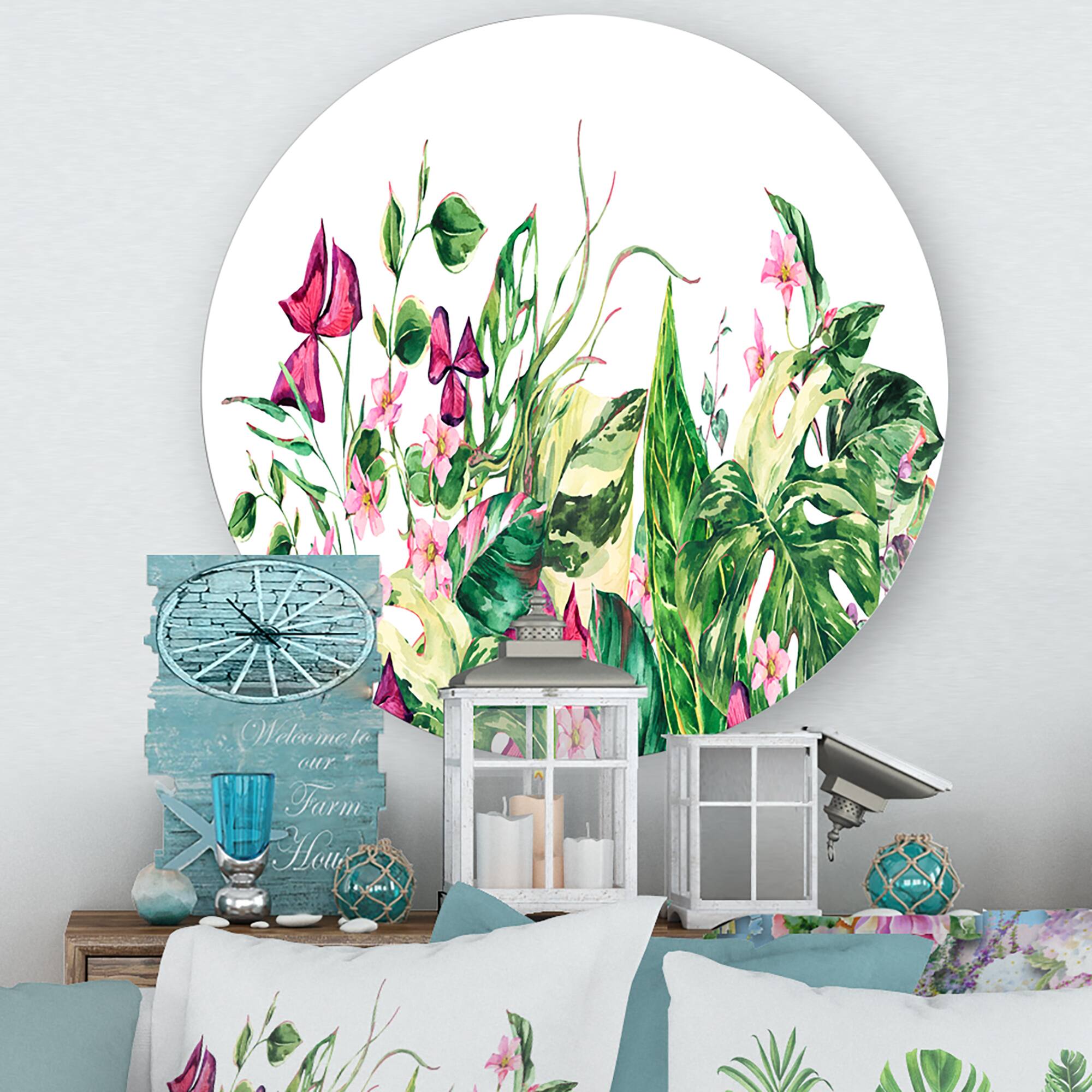 Designart - Vintage Floral Tropical Leaves I - Tropical Metal Circle Wall Art