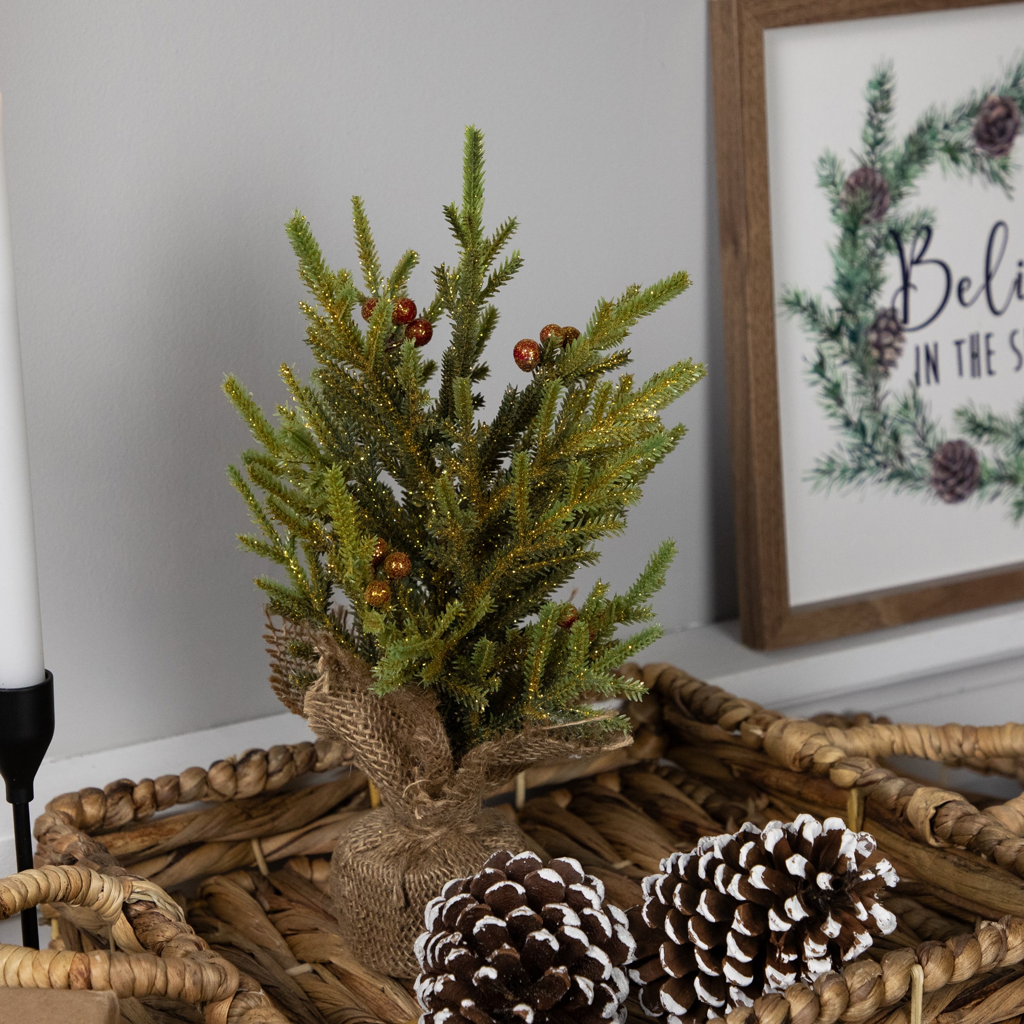 12" Unlit Pine with Berries Artificial Christmas Tree in Burlap Base