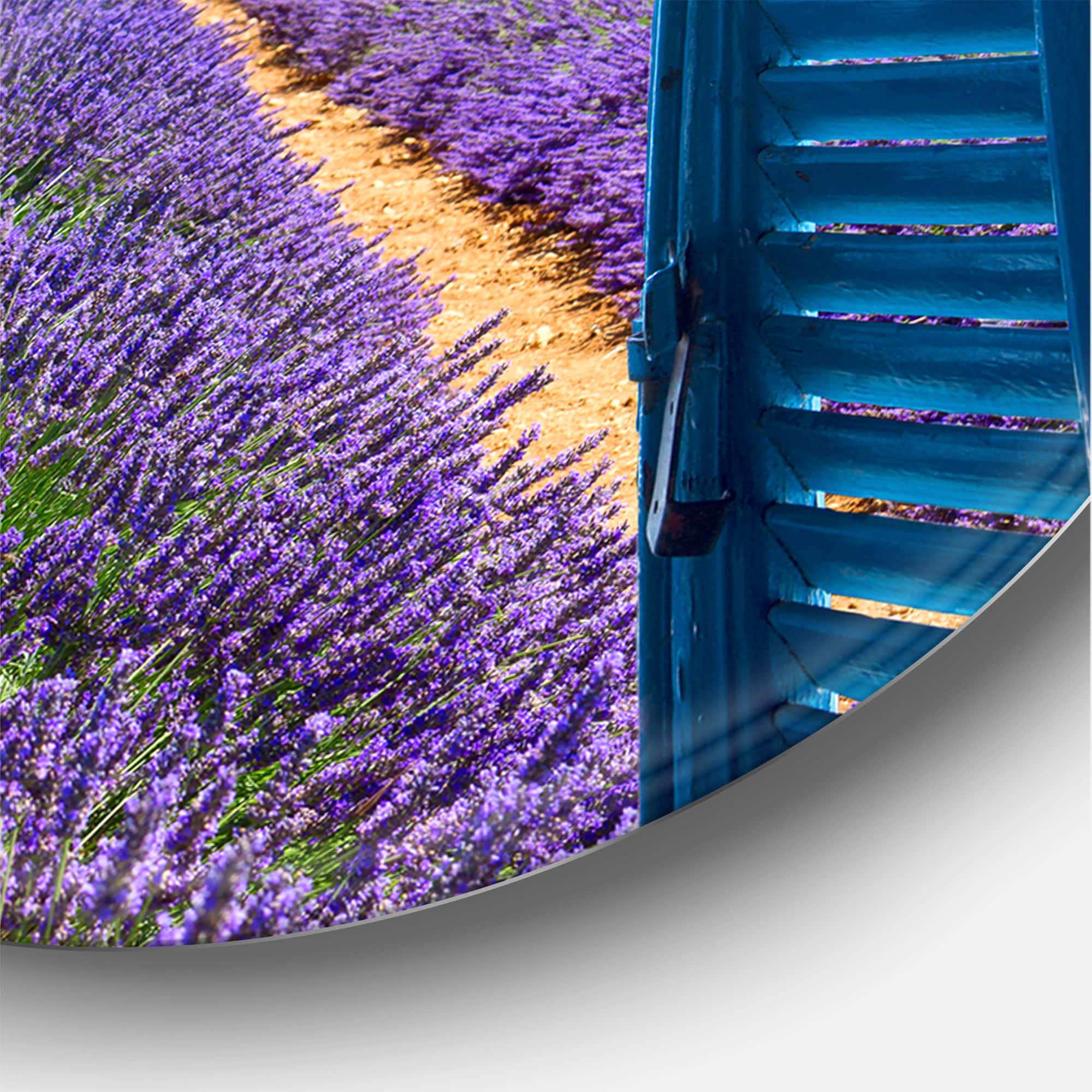 Designart - Lavender Field Through Blue Open Cottage Window - Farmhouse Metal Circle Wall Art