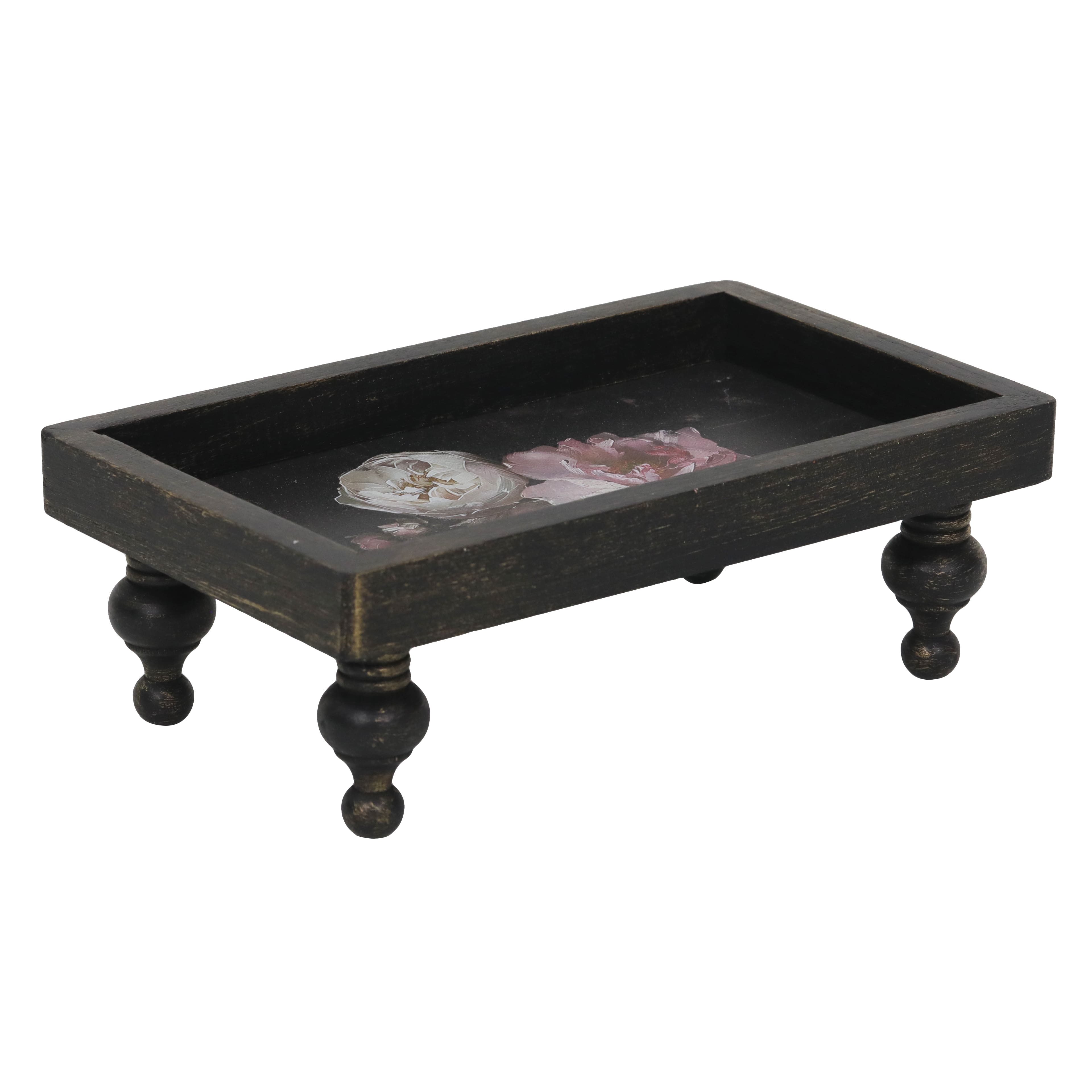 9.75&#x22; Weathered Black &#x26; Pink Floral Tabletop Wood Riser Tray by Ashland&#xAE;