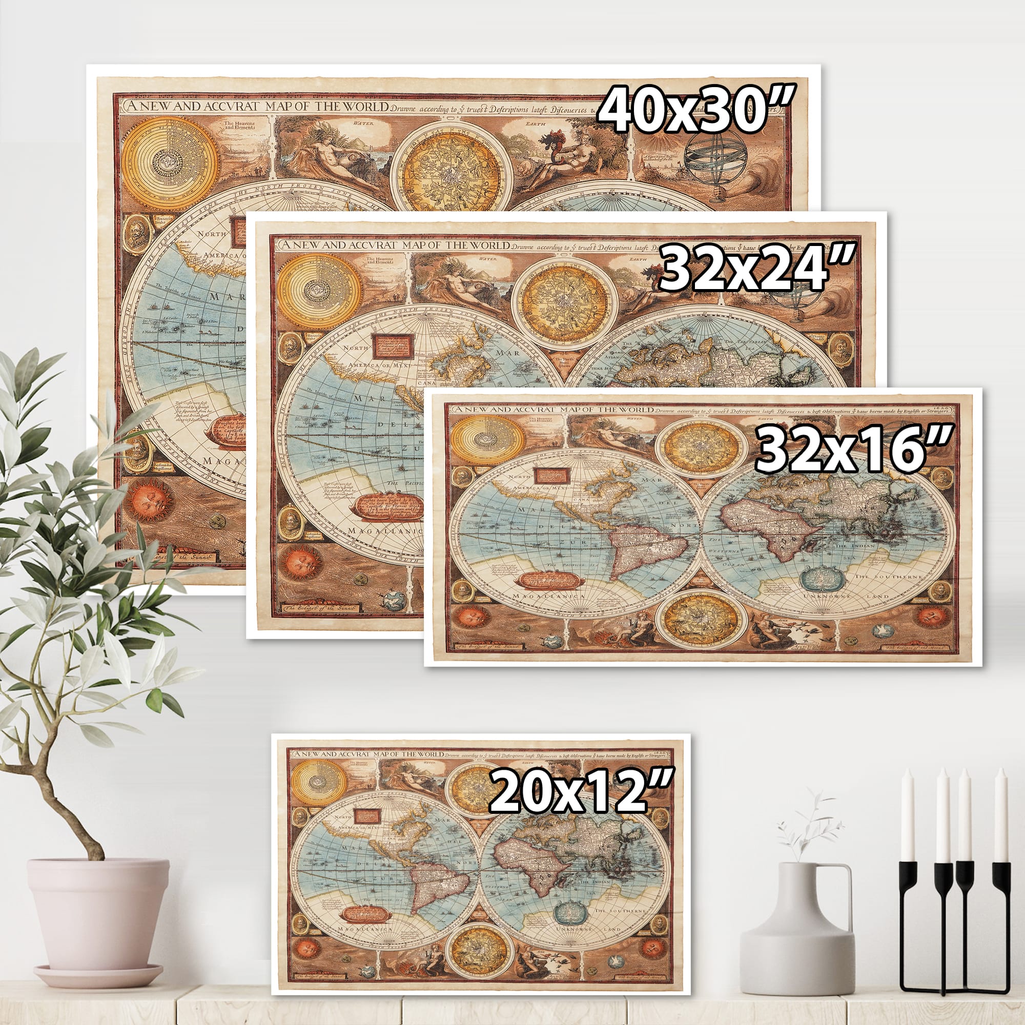 Designart - Ancient Map of The World VIII - Vintage Canvas Wall Art Print