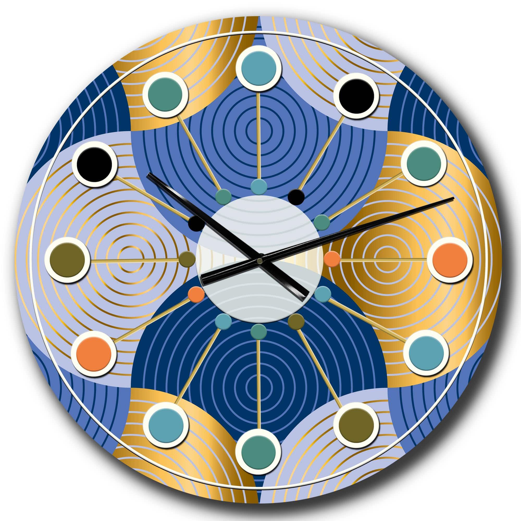 Designart &#x27;Retro Luxury Waves In Gold And Blue X Mid-Century Modern Wall Clock