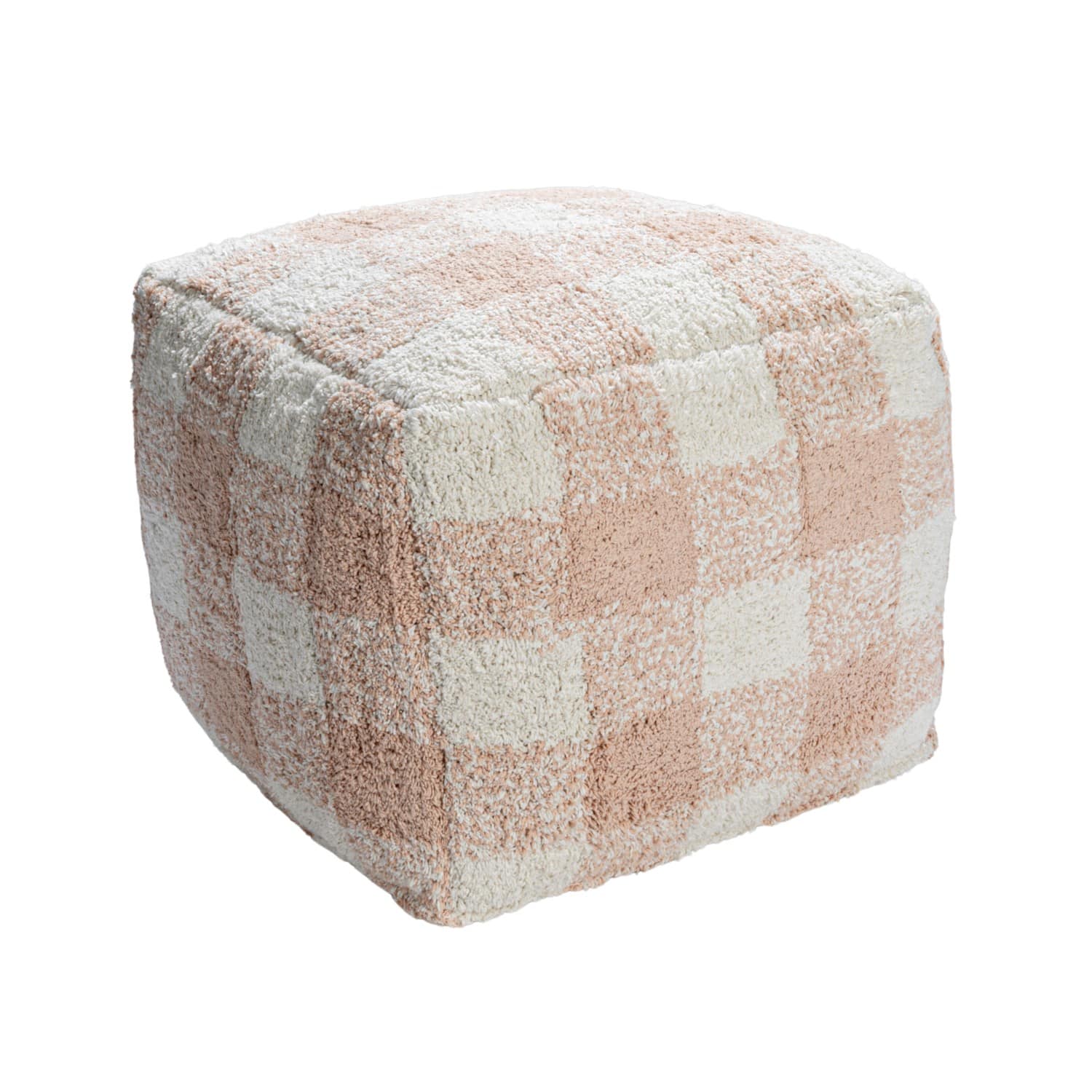 18&#x22; Blush &#x26; Cream Plaid Cotton Tufted Pouf