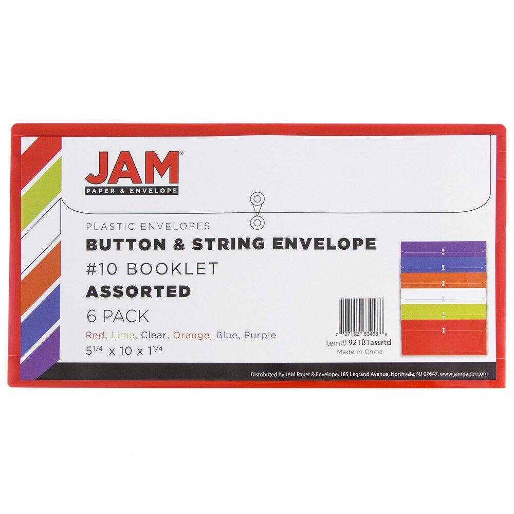 JAM Paper 5.25" x 10" Assorted Button & String Tie Closure Plastic Envelopes, 6ct.
