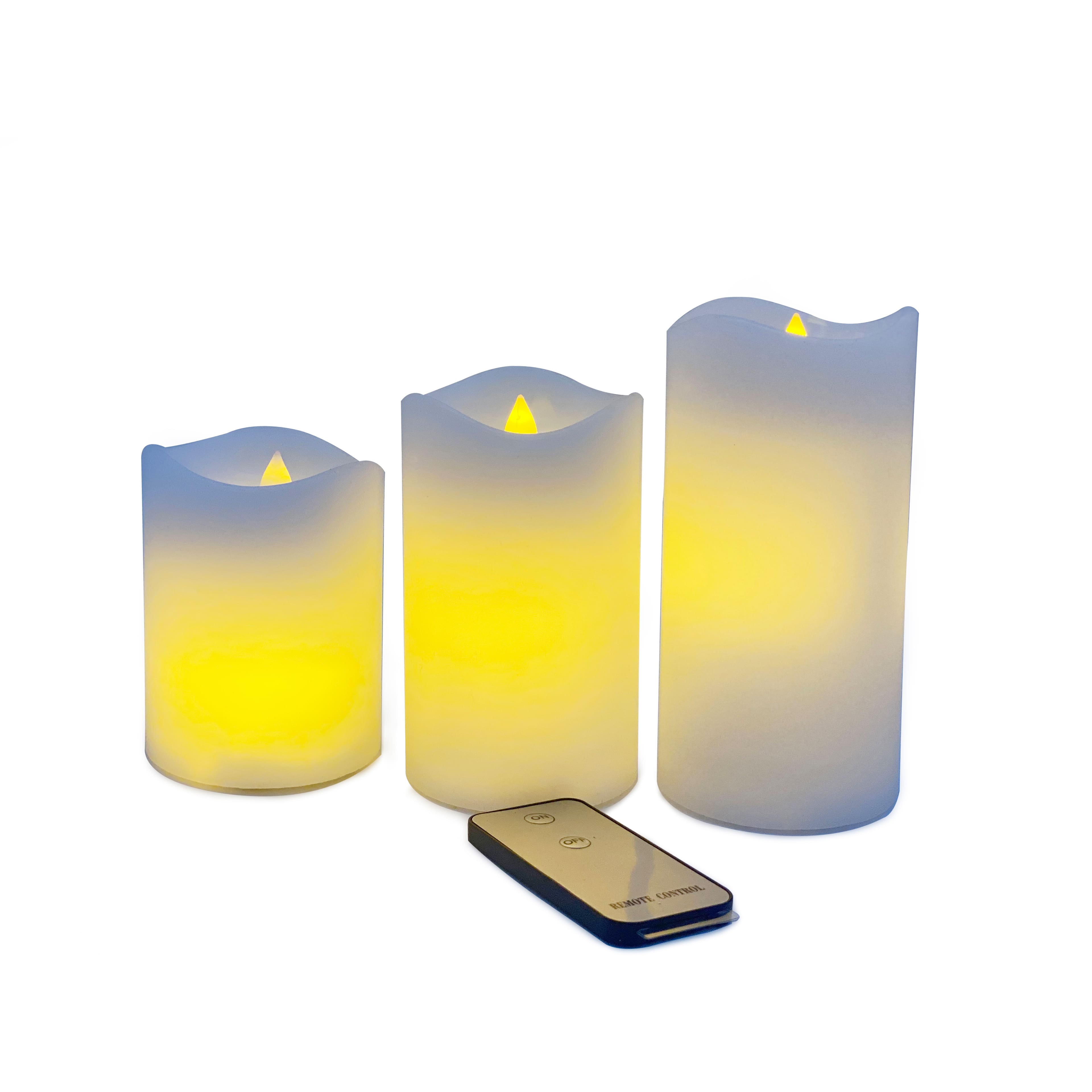 White Glowing Flame LED Wax Pillar Candle Set with Remote by Ashland®