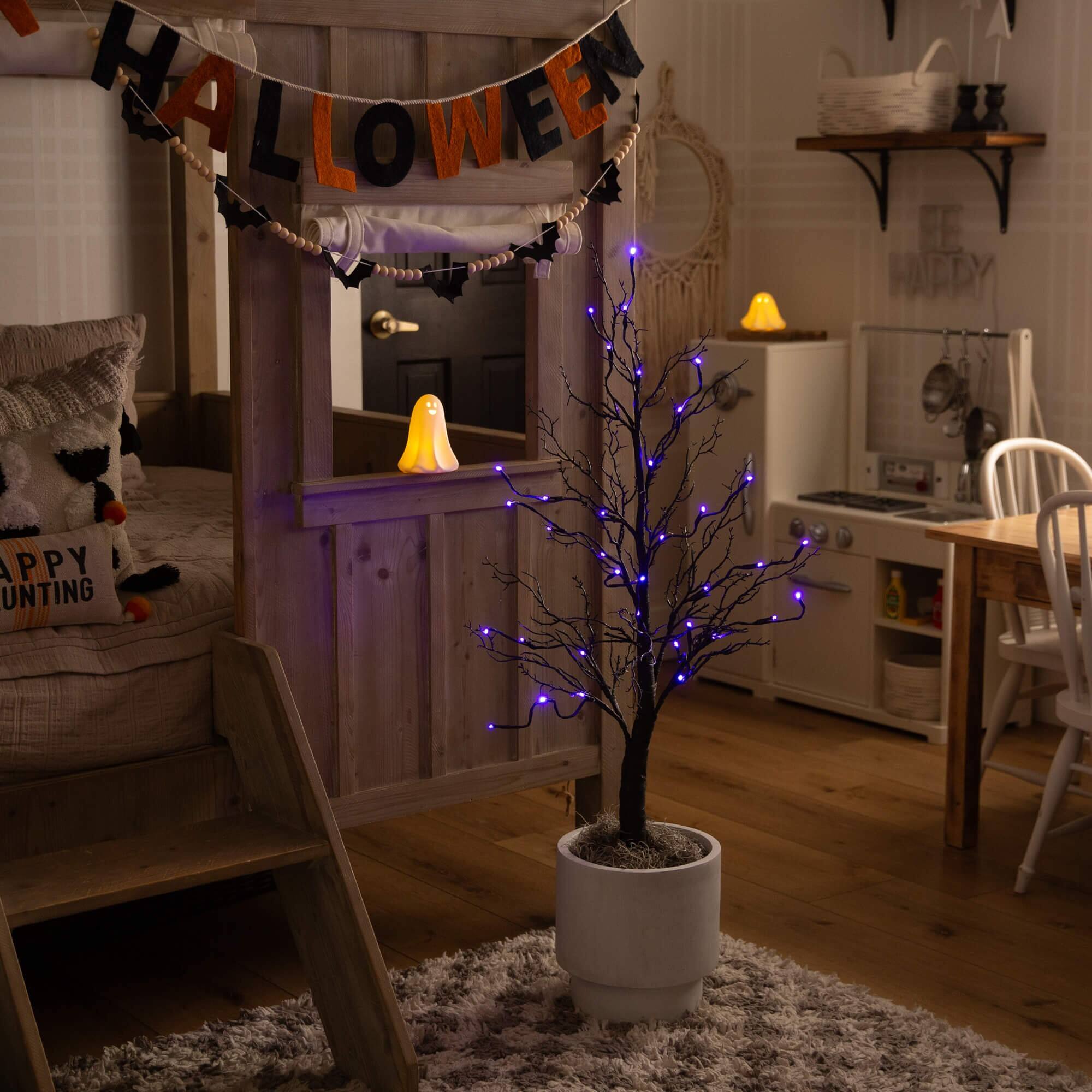 3ft. Pre-Lit Halloween Deluxe Black Twig Artificial Tree with 36 Orange &#x26; Purple LED Lights