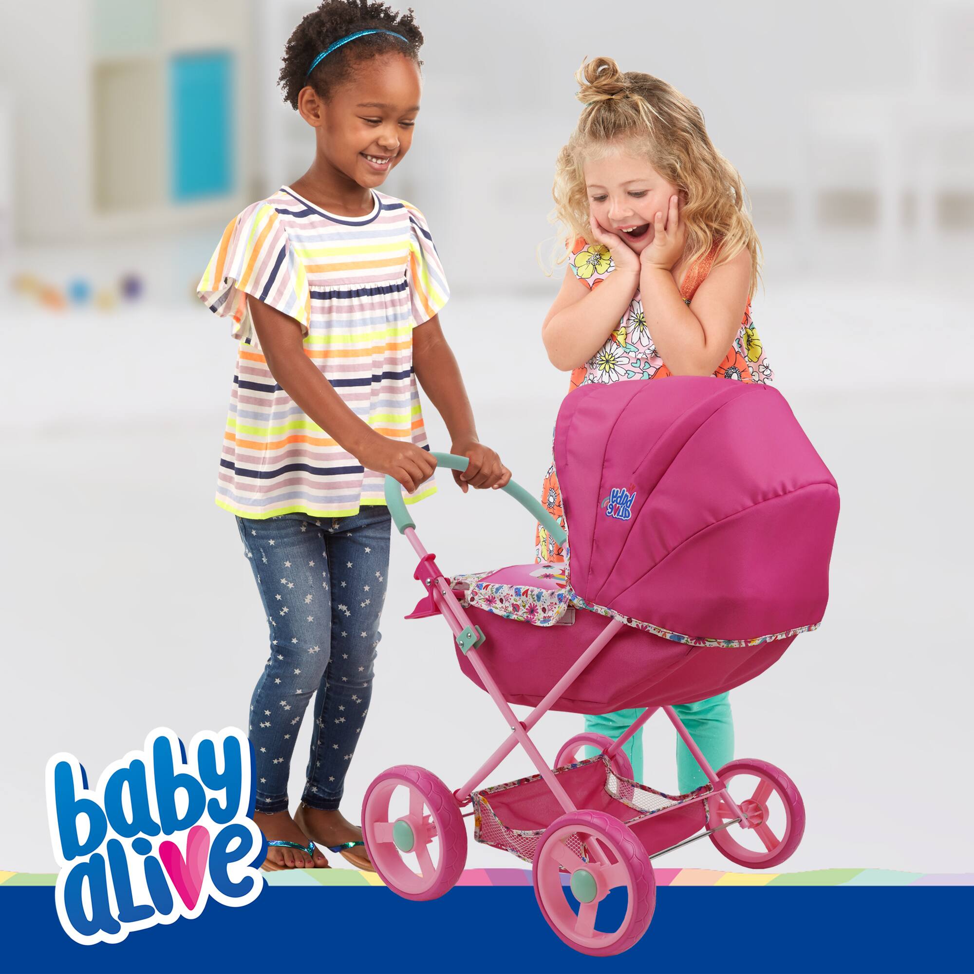 509 Crew Baby Alive Pink and Rainbow Deluxe Classic Doll Pram