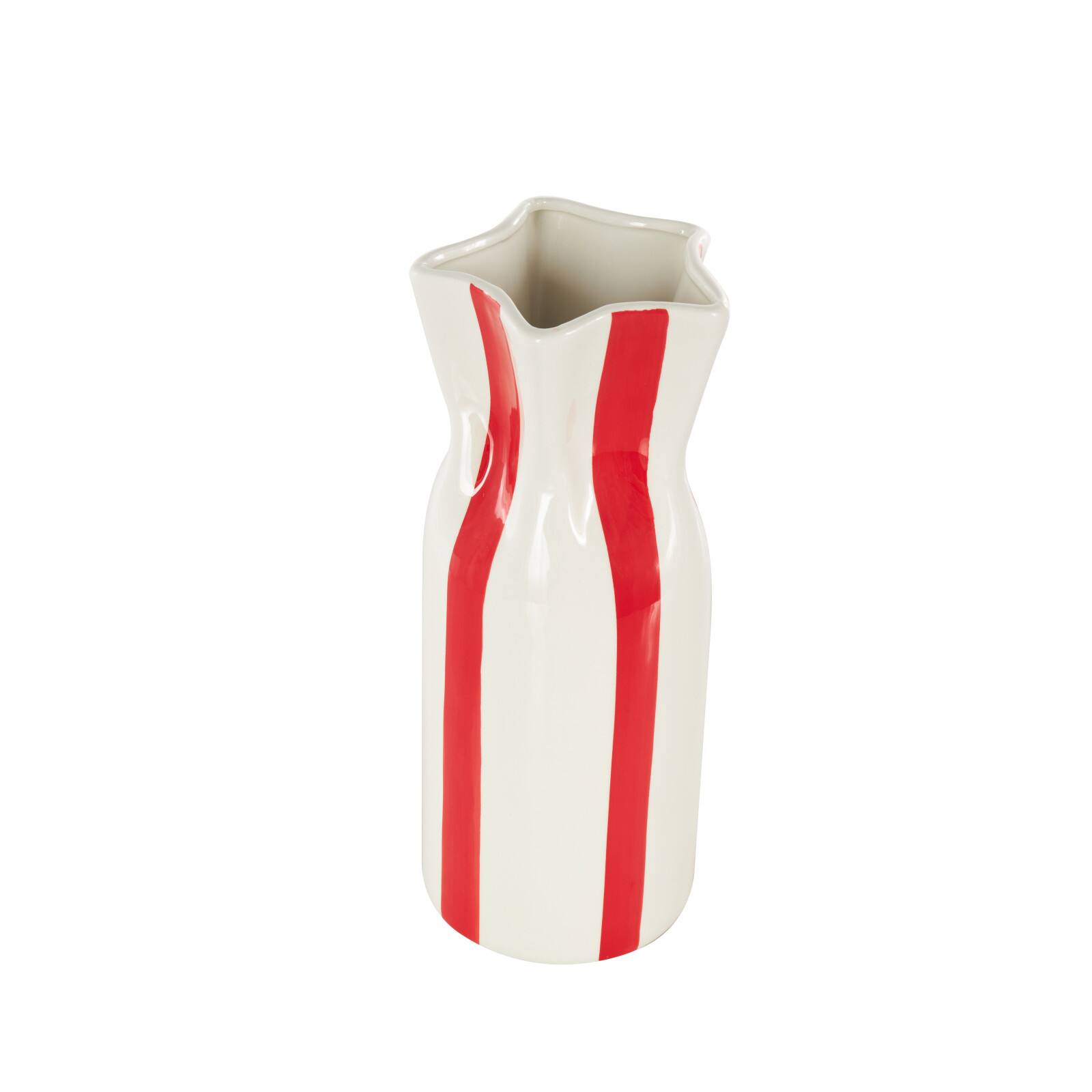 12" White & Red Stripes Round Decorative Ceramic Vase
