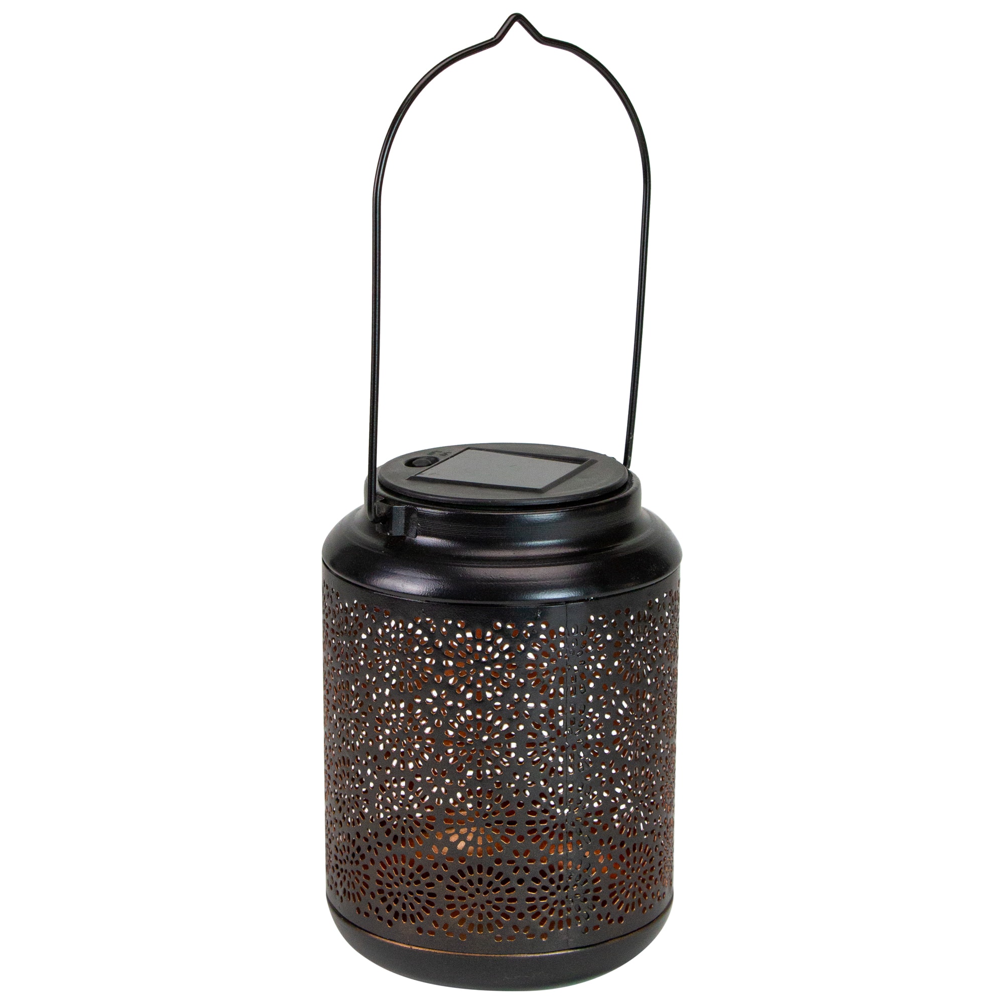 7&#x22; Black Outdoor Integrated Floral LED Solar Lantern with Handle