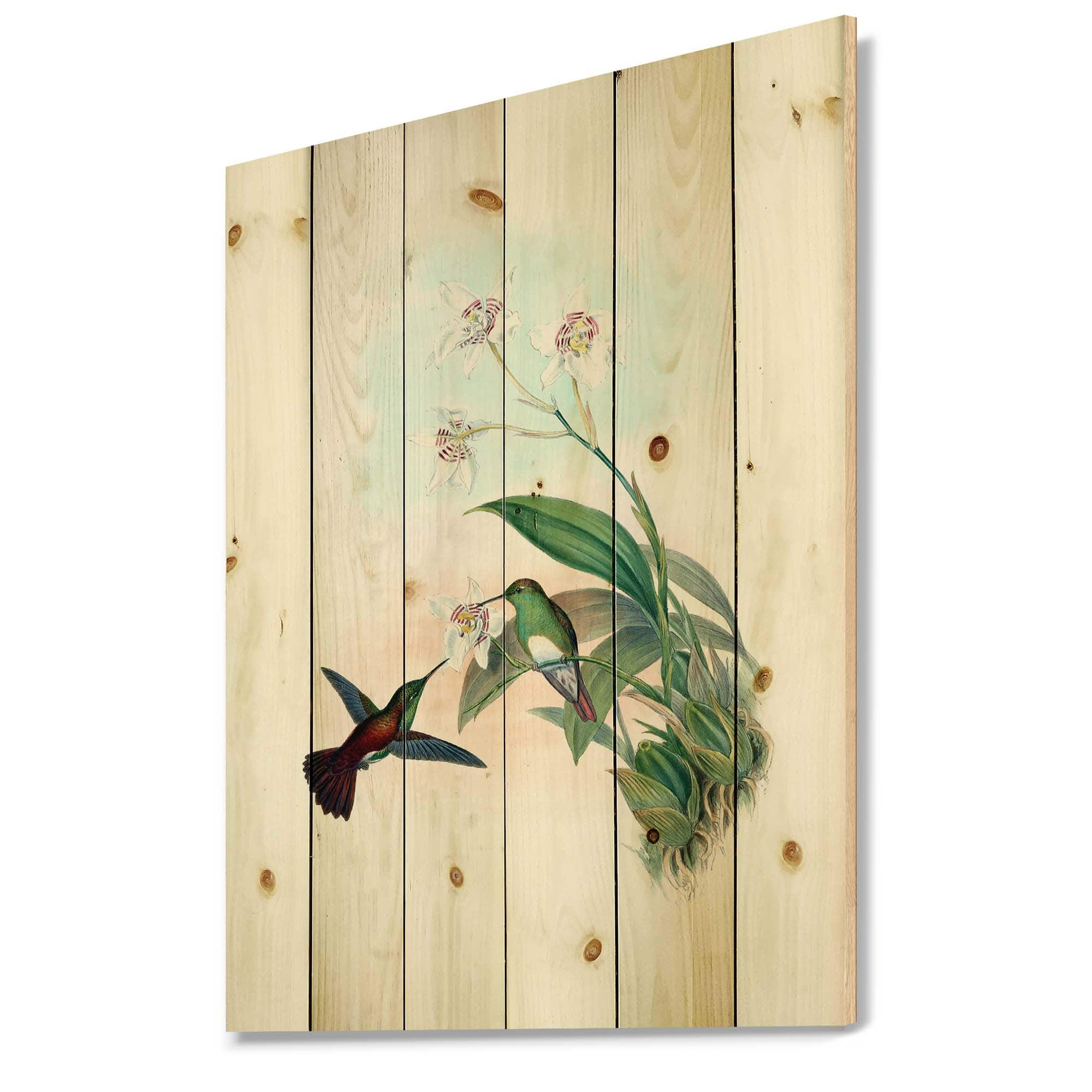 Designart - Vintage Hummingbird Flying To A Flower - Traditional Print on Natural Pine Wood