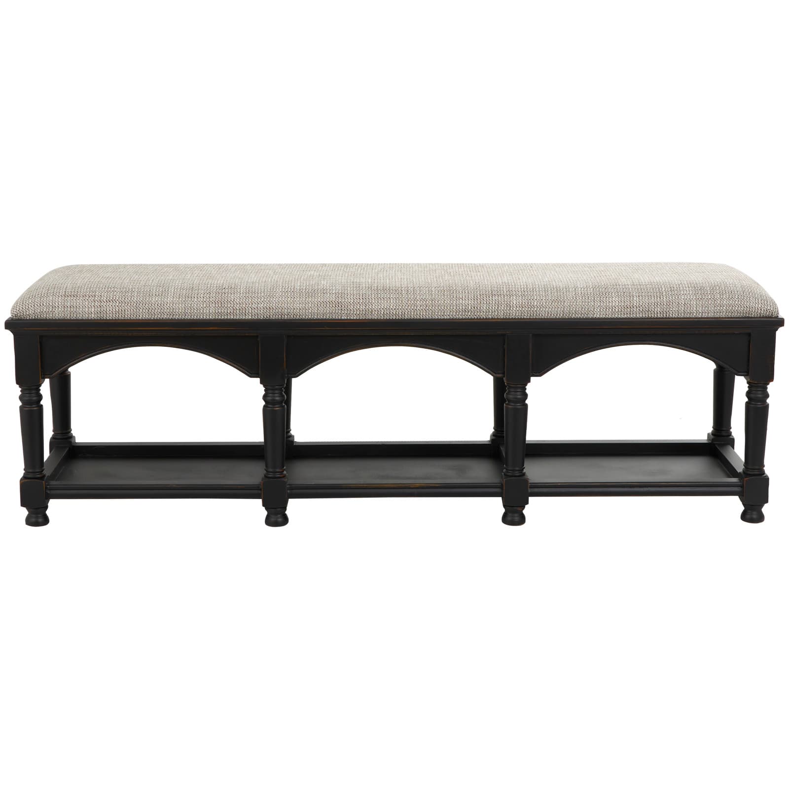 59&#x22; Black &#x26; Beige Fabric Arched Storage Bench with Traditional Turned Legs