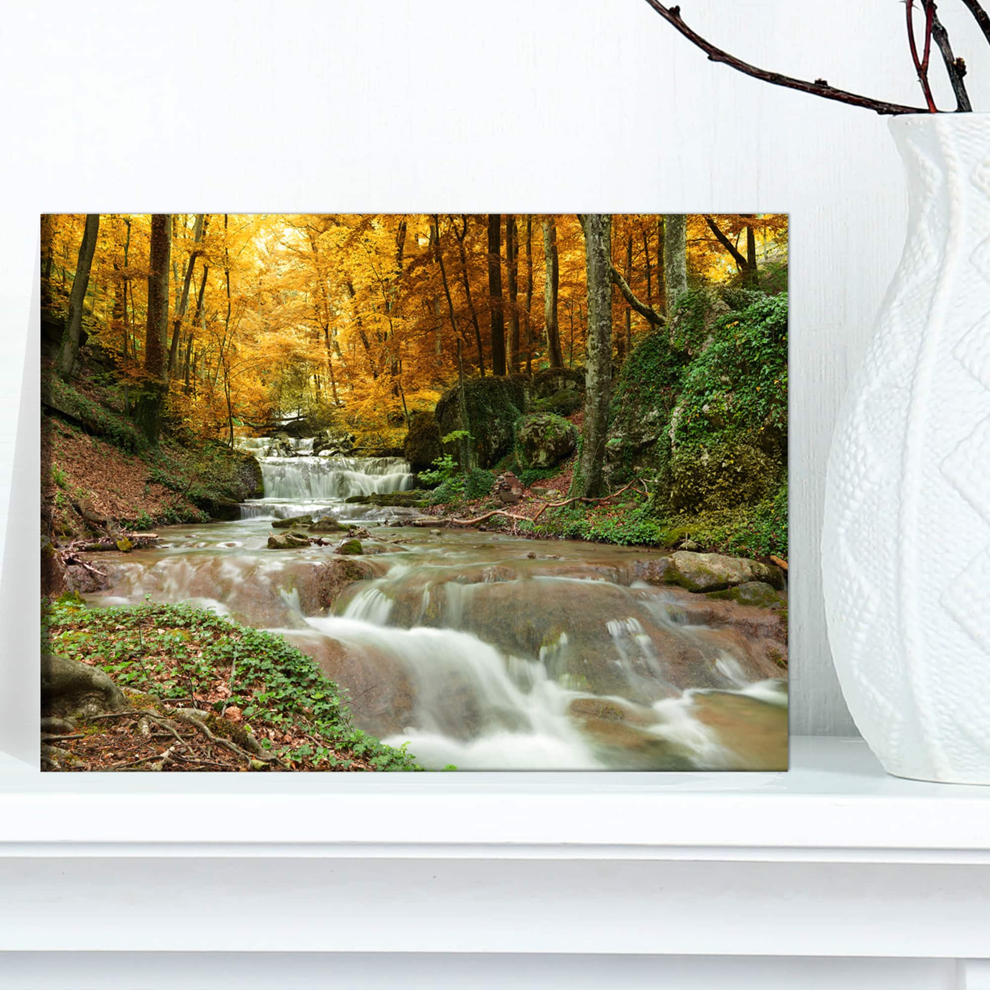 Designart - Forest Waterfall with Yellow Trees - Large Landscape Canvas Art Print