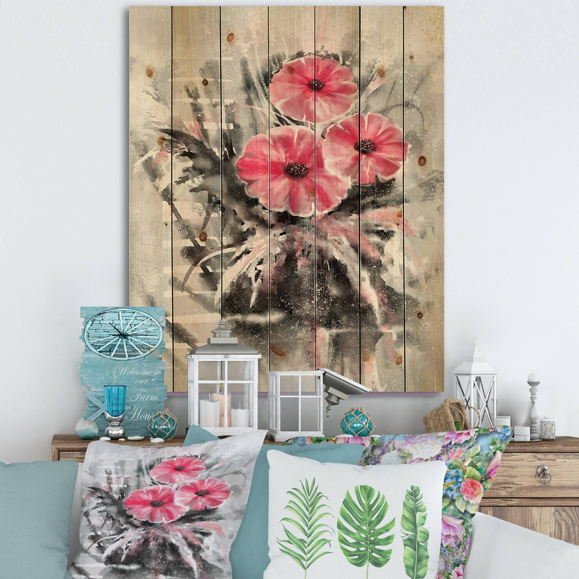 Designart - Abstract Red Flowers On Gray - Traditional Print on Natural Pine Wood