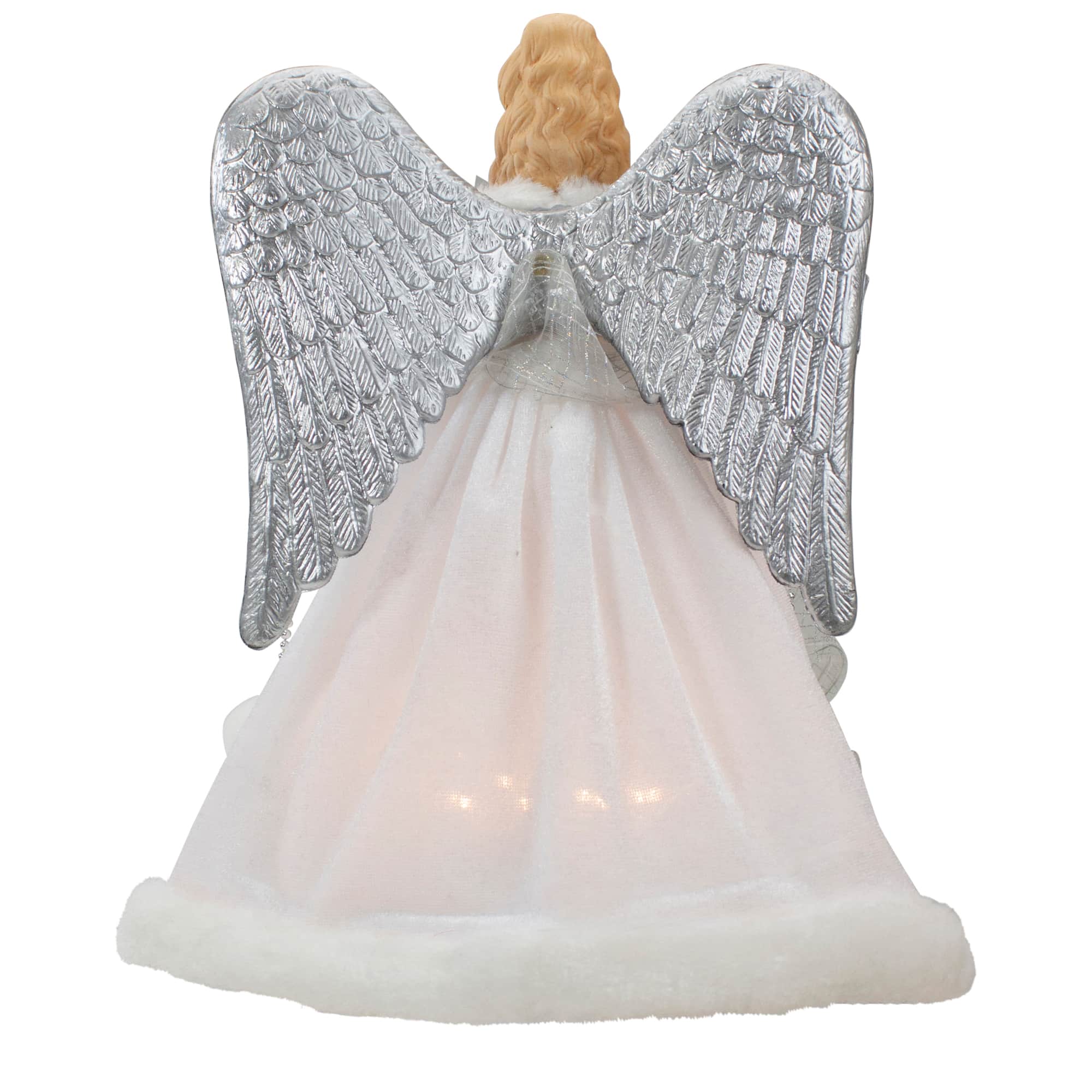12" Lighted Silver & White Angel with Wings Christmas Tree Topper, Clear Lights