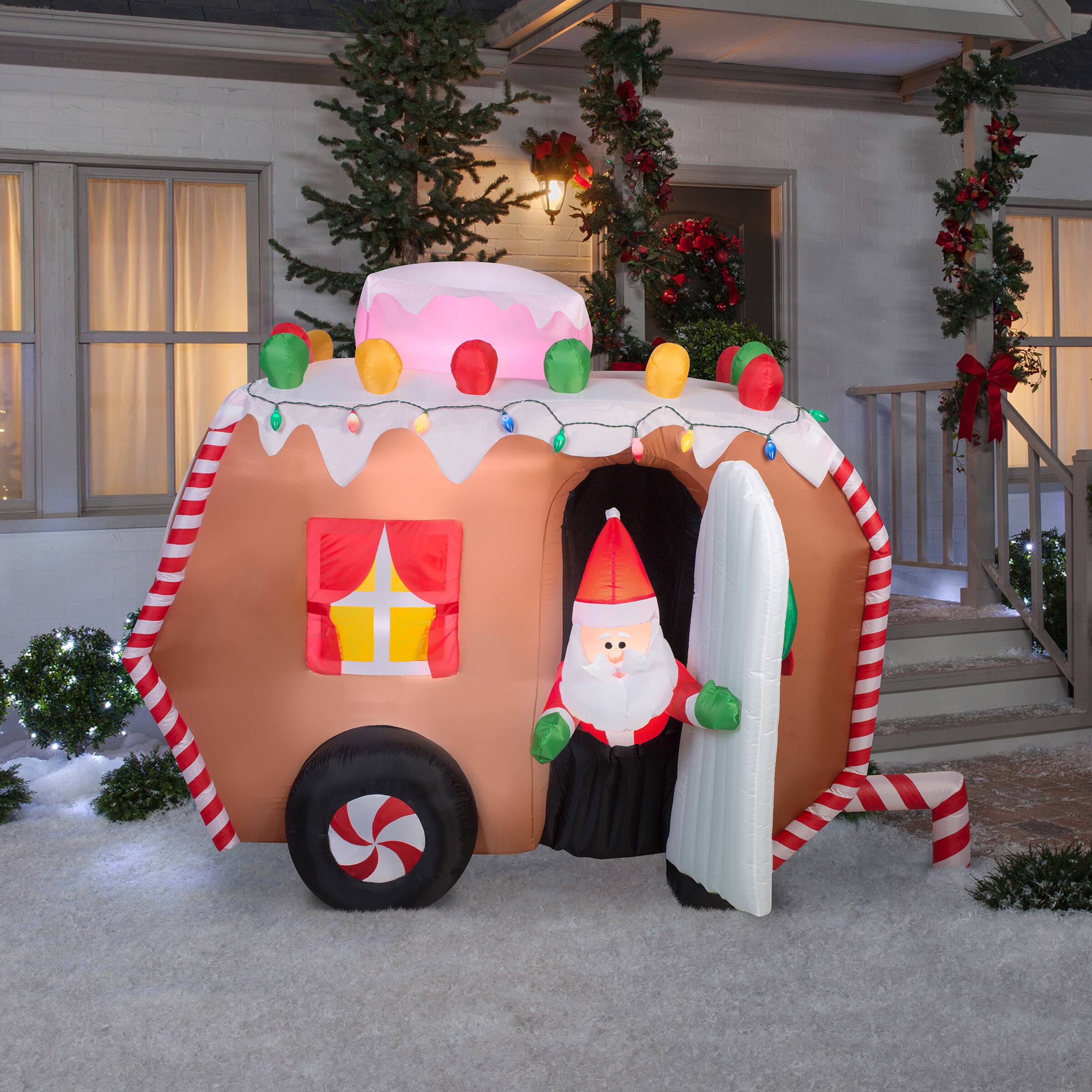 7.5ft. Airblown® Gingerbread Trailer and Santa with 16 White LED Incandescent Lights
