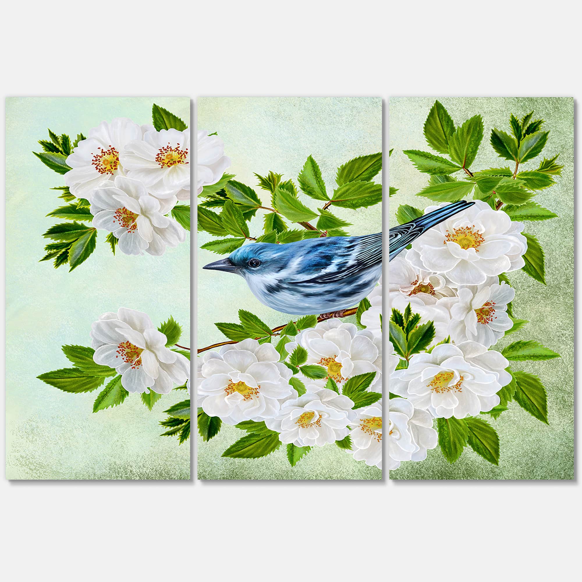Designart - Little Blue Bird Sitting On A Branch of White Rose