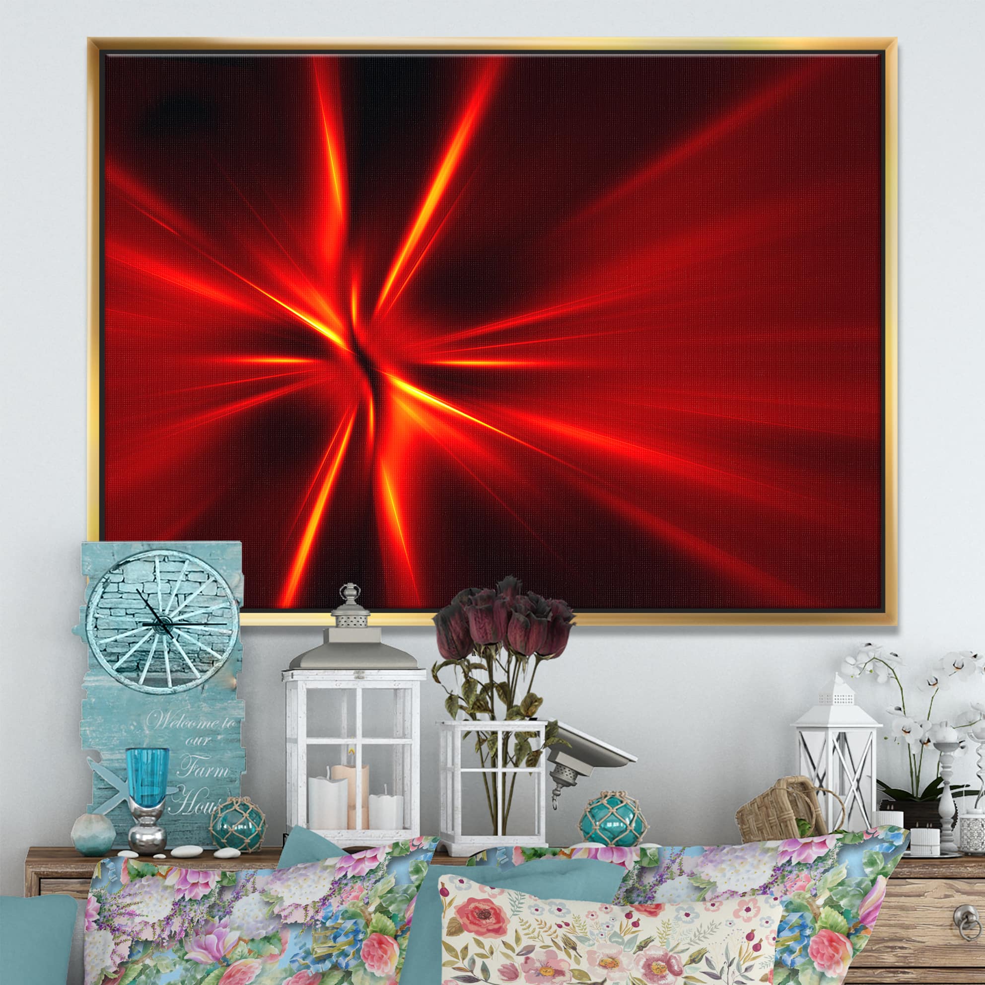 Designart - Red and Yellow Rays - Abstract Framed Canvas art print