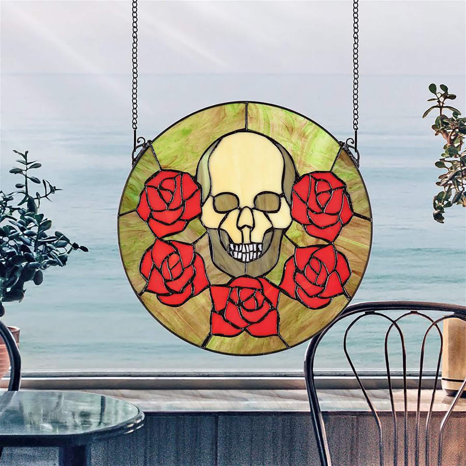 Design Toscano Beauty &#x26; Decay Gothic Skull Stained Glass Window