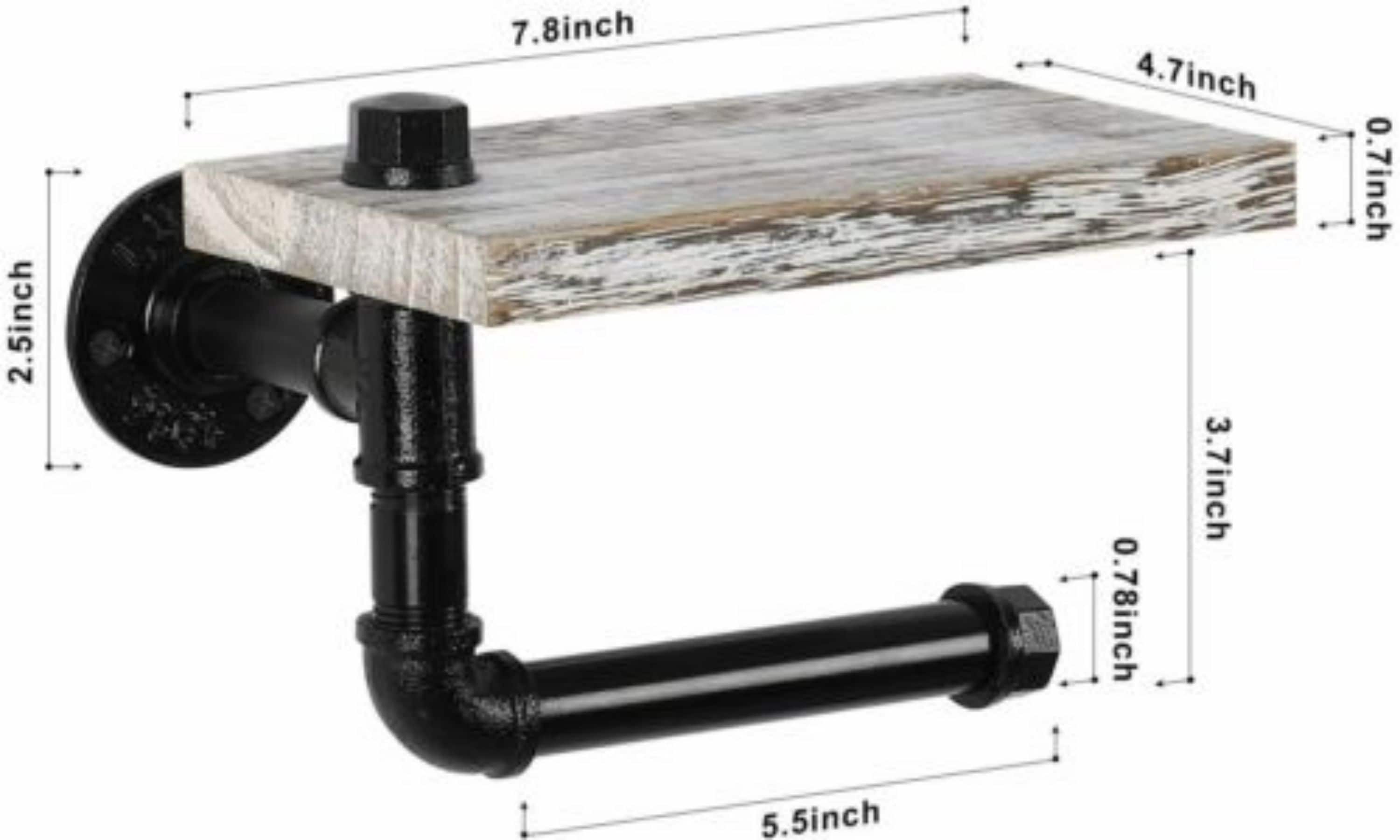 Black Industrial Wall-Mounted Rustic Toilet Paper Holder with Wood Shelf