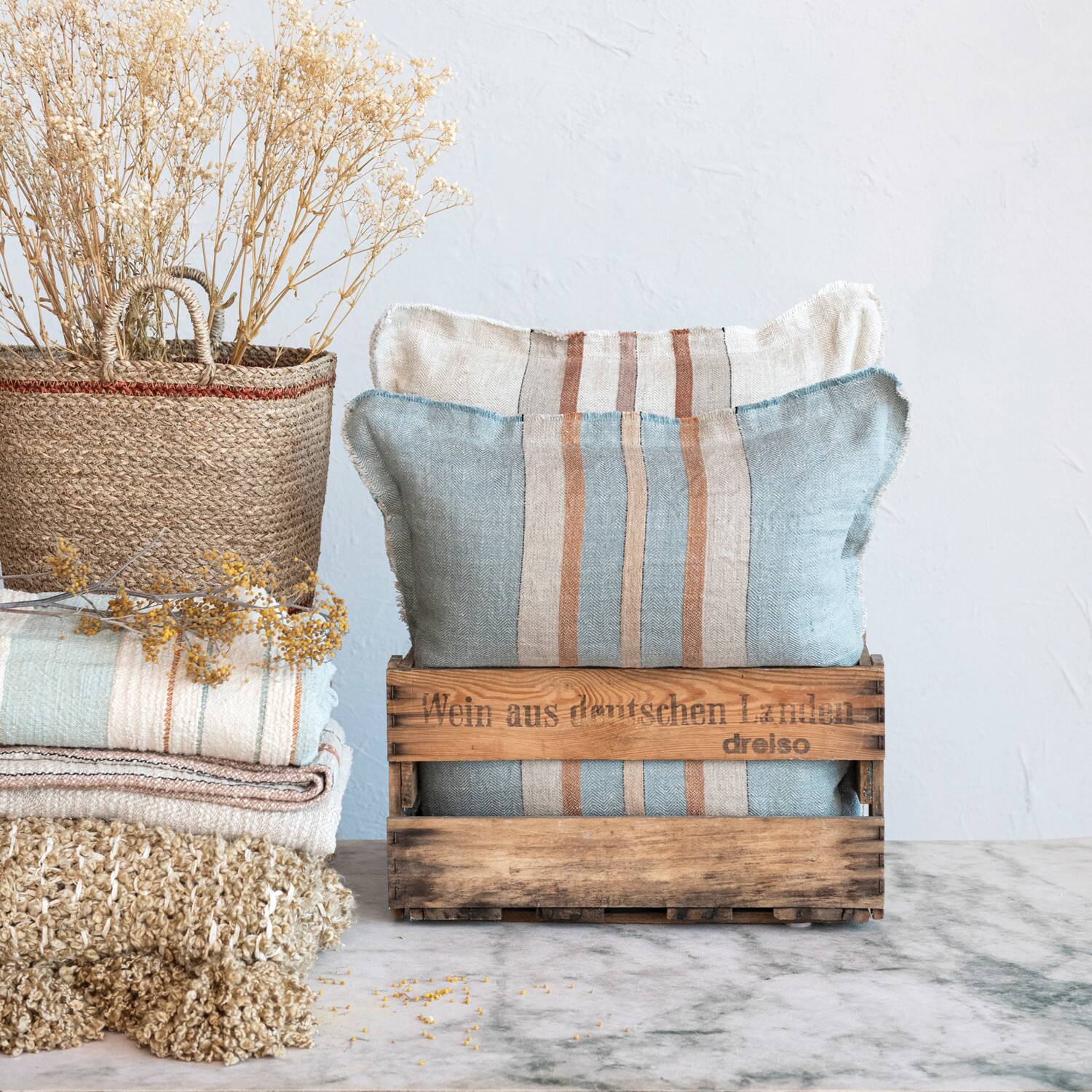 Hello Honey&#xAE; 20&#x22; Cream &#x26; Brown Striped Woven Linen Fringed Pillow