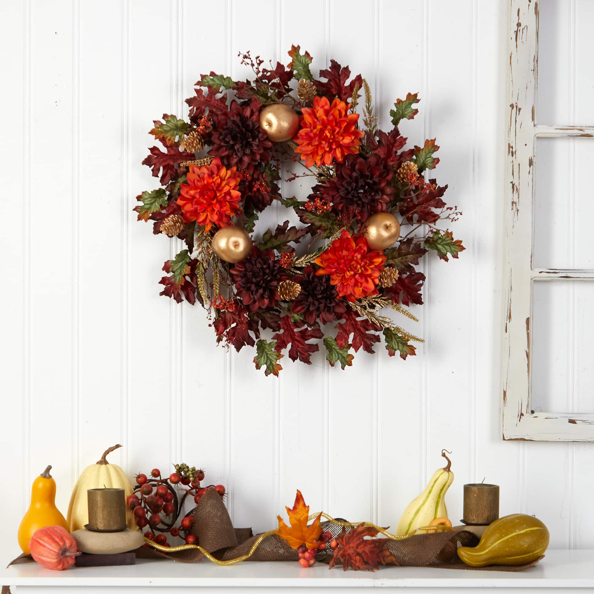 24&#x22; Fall Dahlia, Golden Apple, Oak Leaf &#x26; Berries Autumn Artificial Wreath