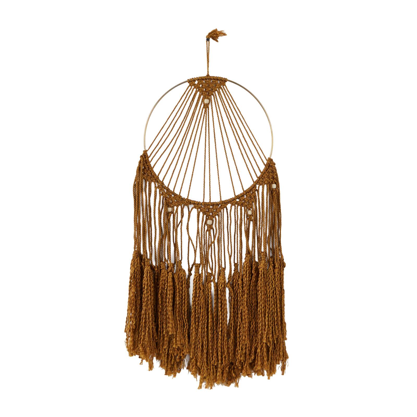 Brown Fabric Handmade Intricately Weaved Macrame Wall Decor with Beaded Fringe Tassels 12" x 0" x 32"