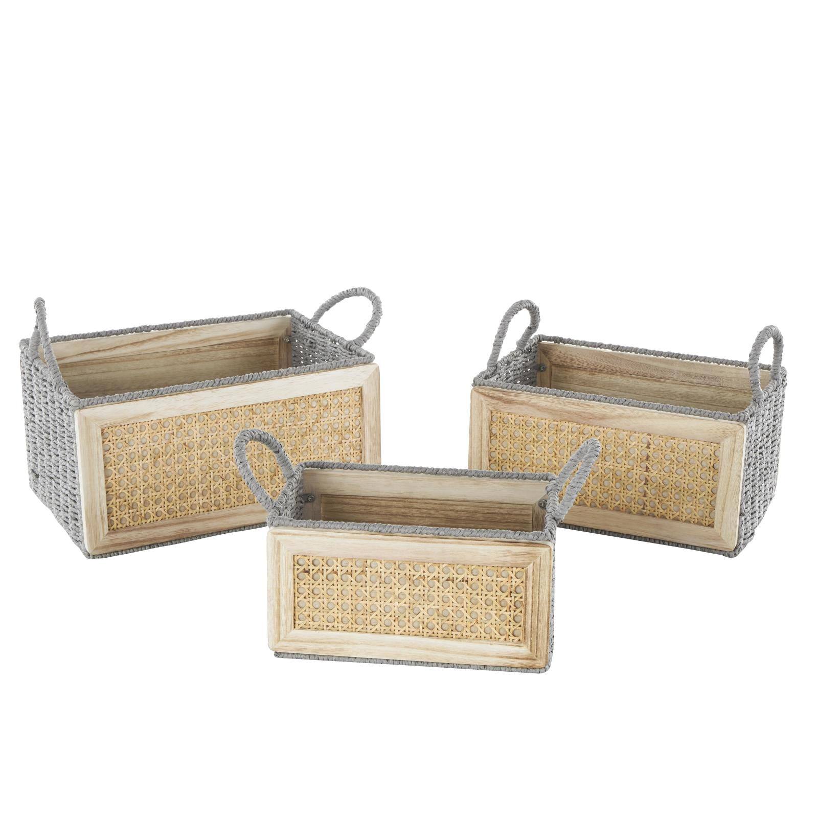 Light Brown Rattan Woven Basket with Gray Rope Handles, 3ct.