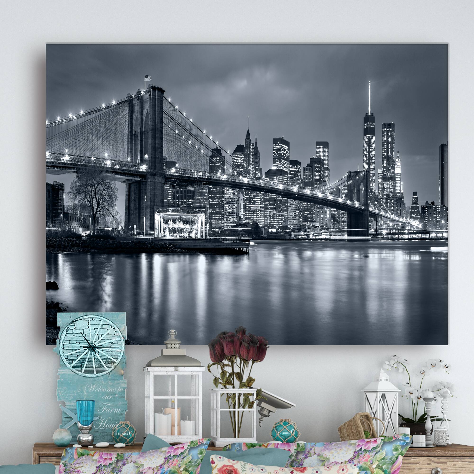 Designart - Panorama New York City at Night - Cityscape Canvas Print