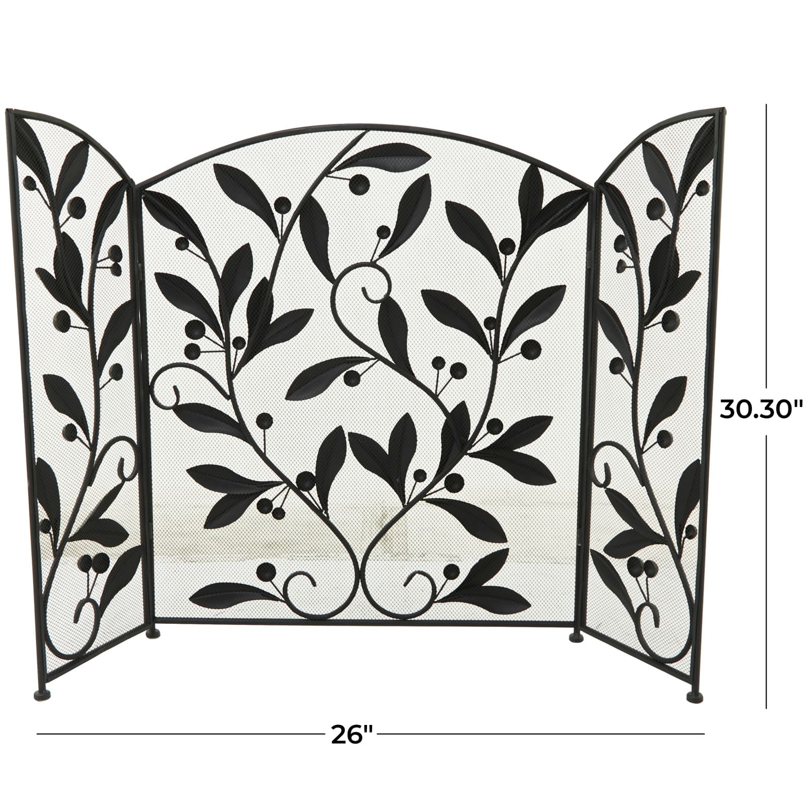 Black Metal Foldable Mesh Netting 3 Panel Scroll Fireplace Screen with Leaf and Vine Relief 45&#x22; x 1&#x22; x 30&#x22;