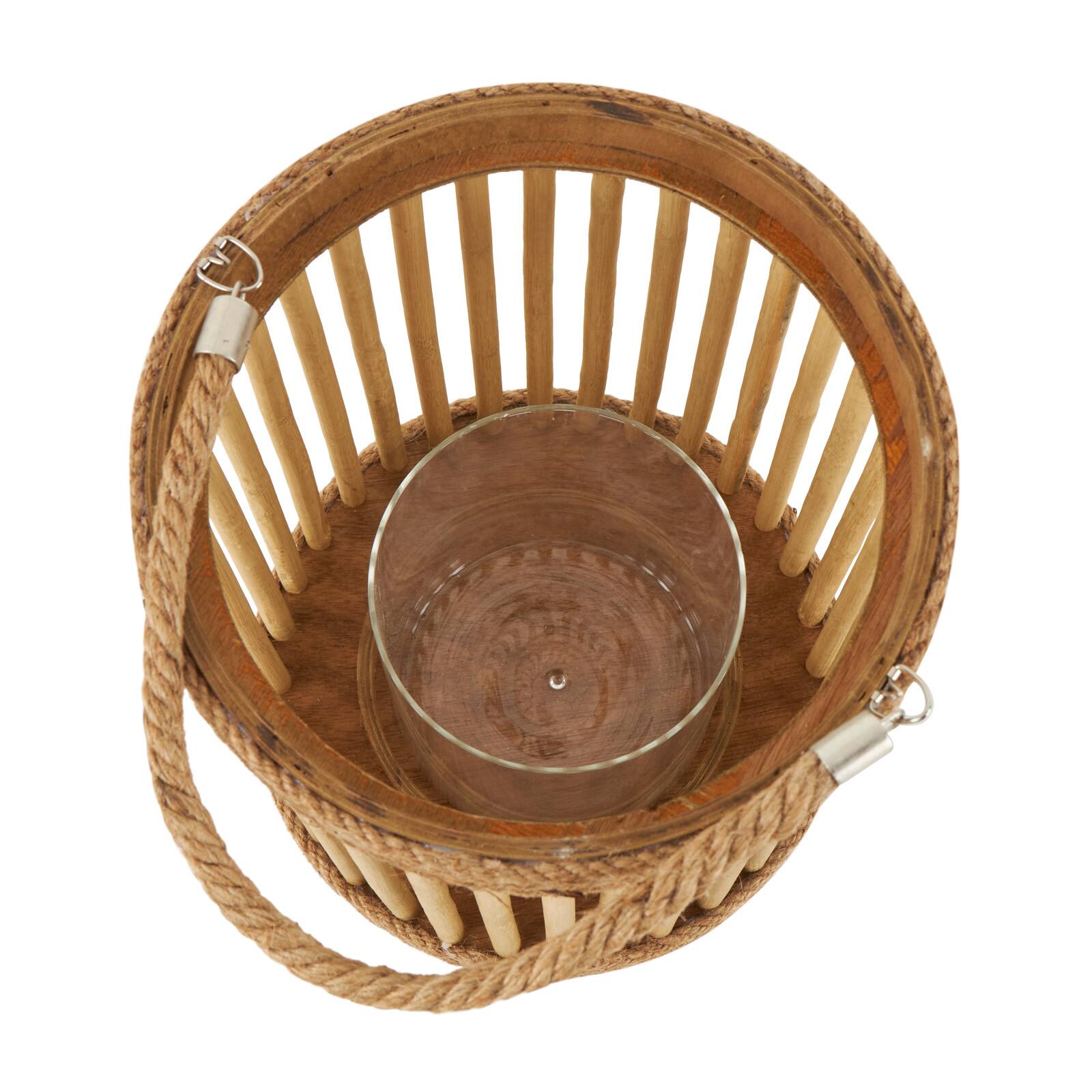 13" Brown Bamboo Handmade Open Framed Caged Candle Lantern with Rope Handle