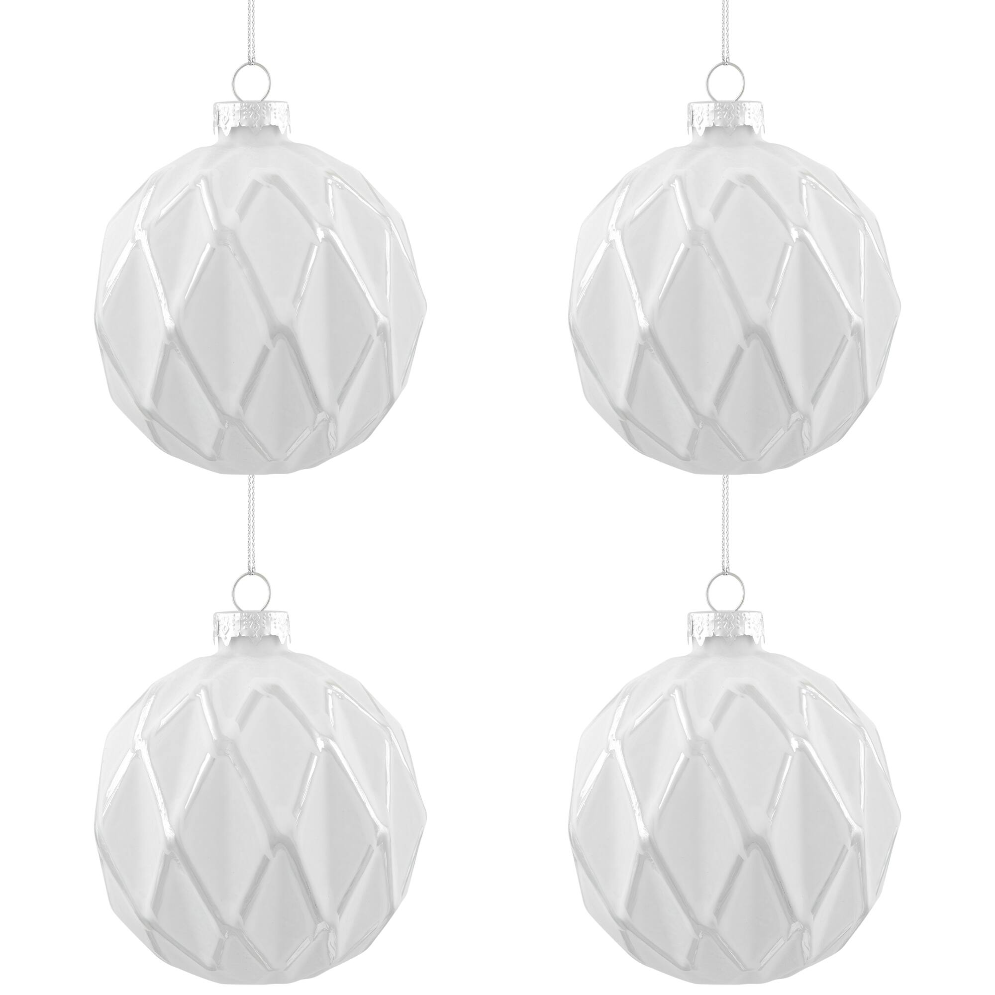 Embossed Diamond Christmas Glass Ball Ornaments - 4" (100mm) - White - 4ct