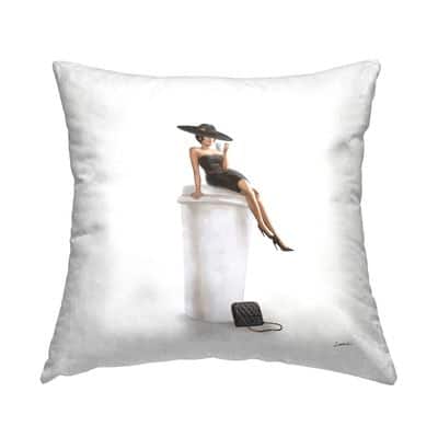 Stupell Industries Glam Fashion Woman Sipping Coffee Chic Dress Throw Pillow, 18″ x 18″ in Black | Michaels
