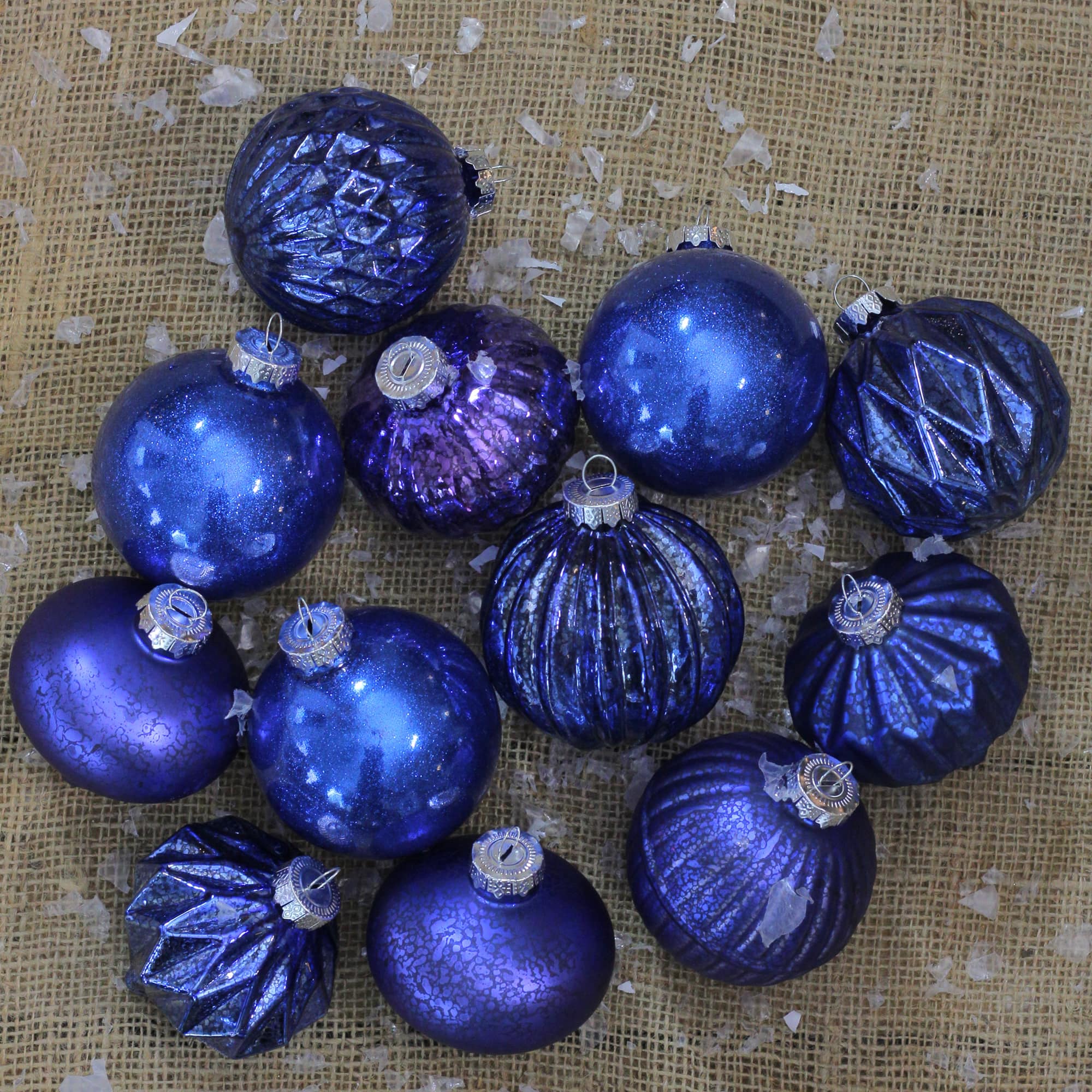 12ct. Royal Blue Multi Finish with Various Shapes Glass Ornaments