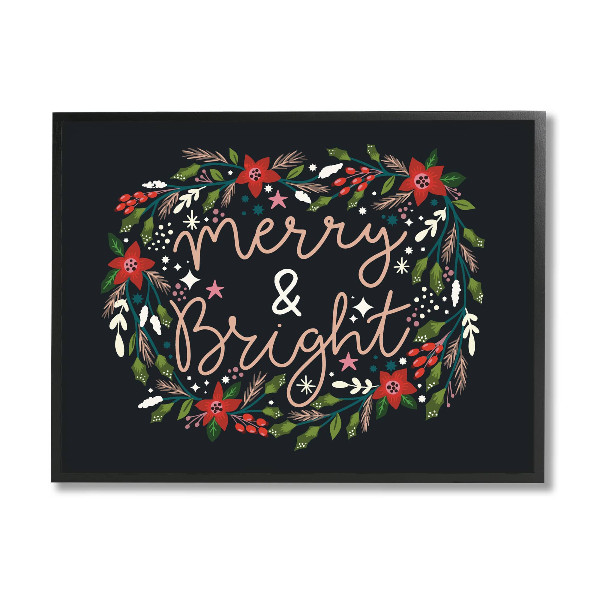 Stupell Industries Merry & Bright Poinsettia Wreath Framed Giclee Art