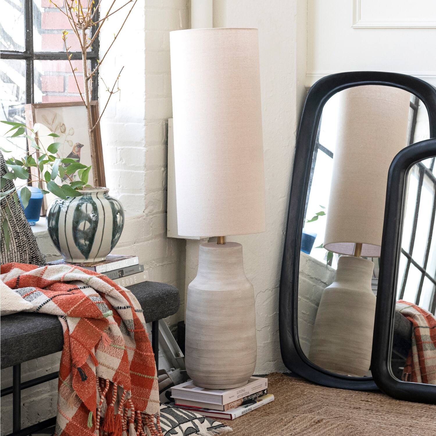 Hello Honey® 4ft. Sand Color Ceramic Floor Lamp with Linen Shade