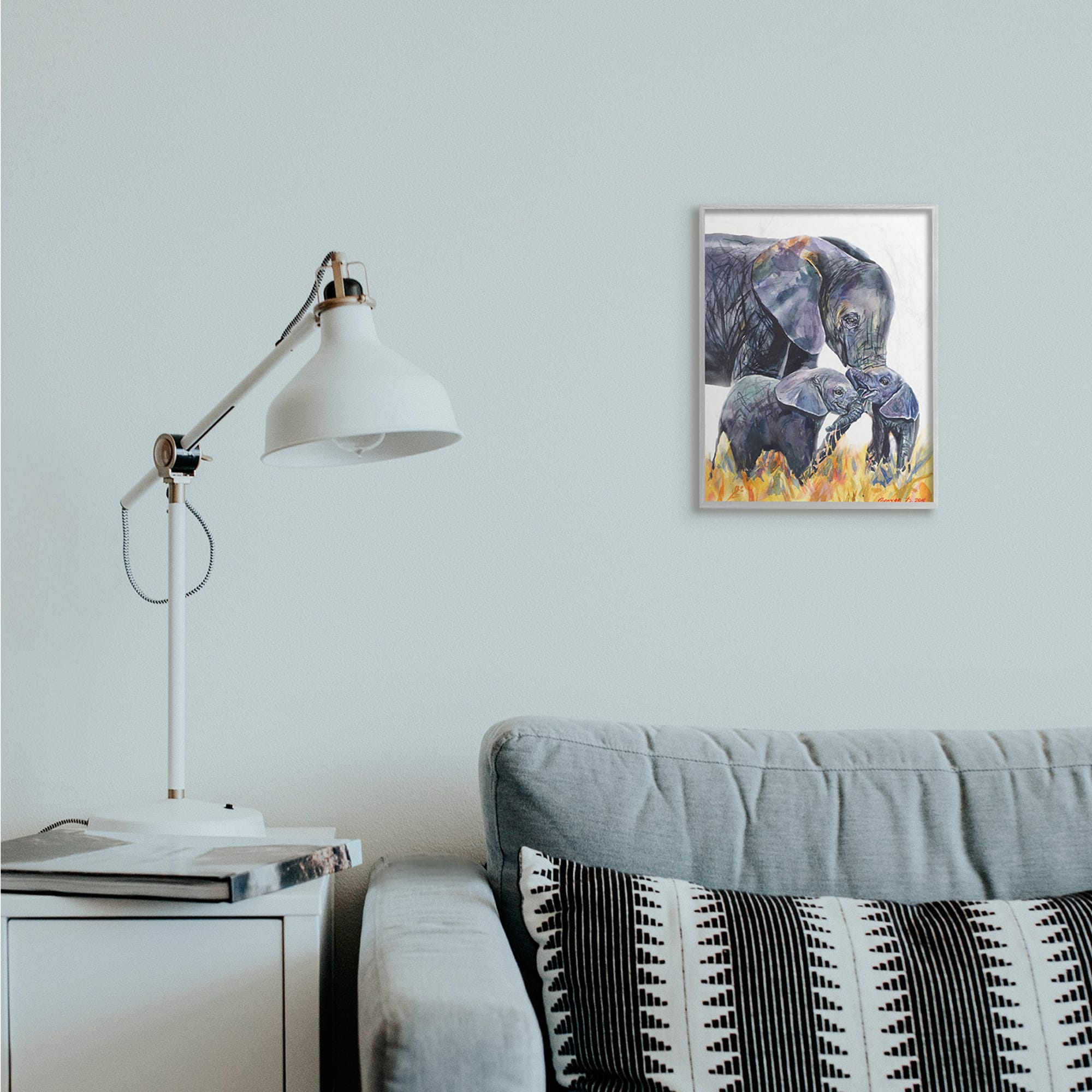 Stupell Industries Elephant Family in Tall Yellow Grass Safari Animals in Gray Frame Wall Art