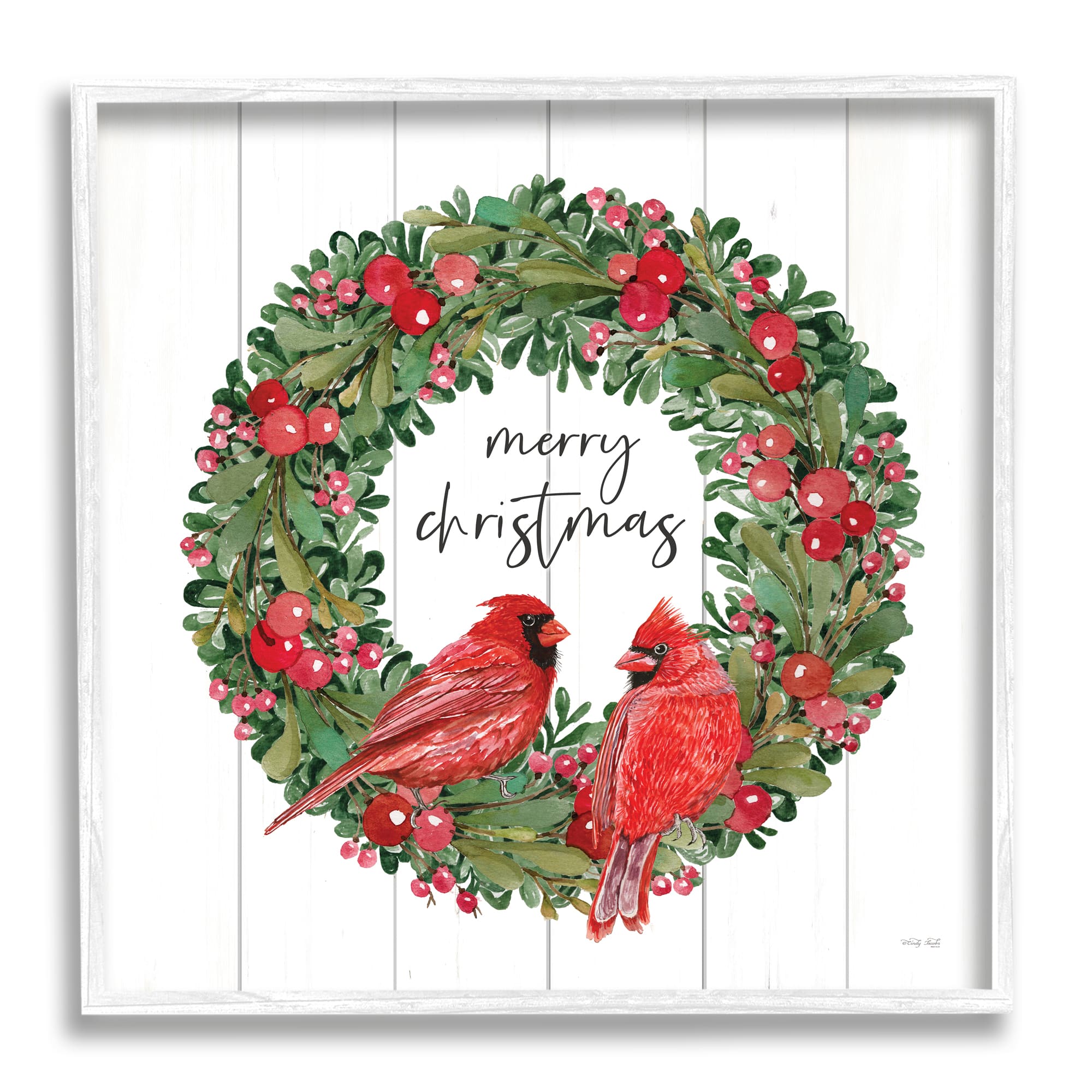 Stupell Industries Merry Christmas Red Cardinal Wreath Framed Giclee Art
