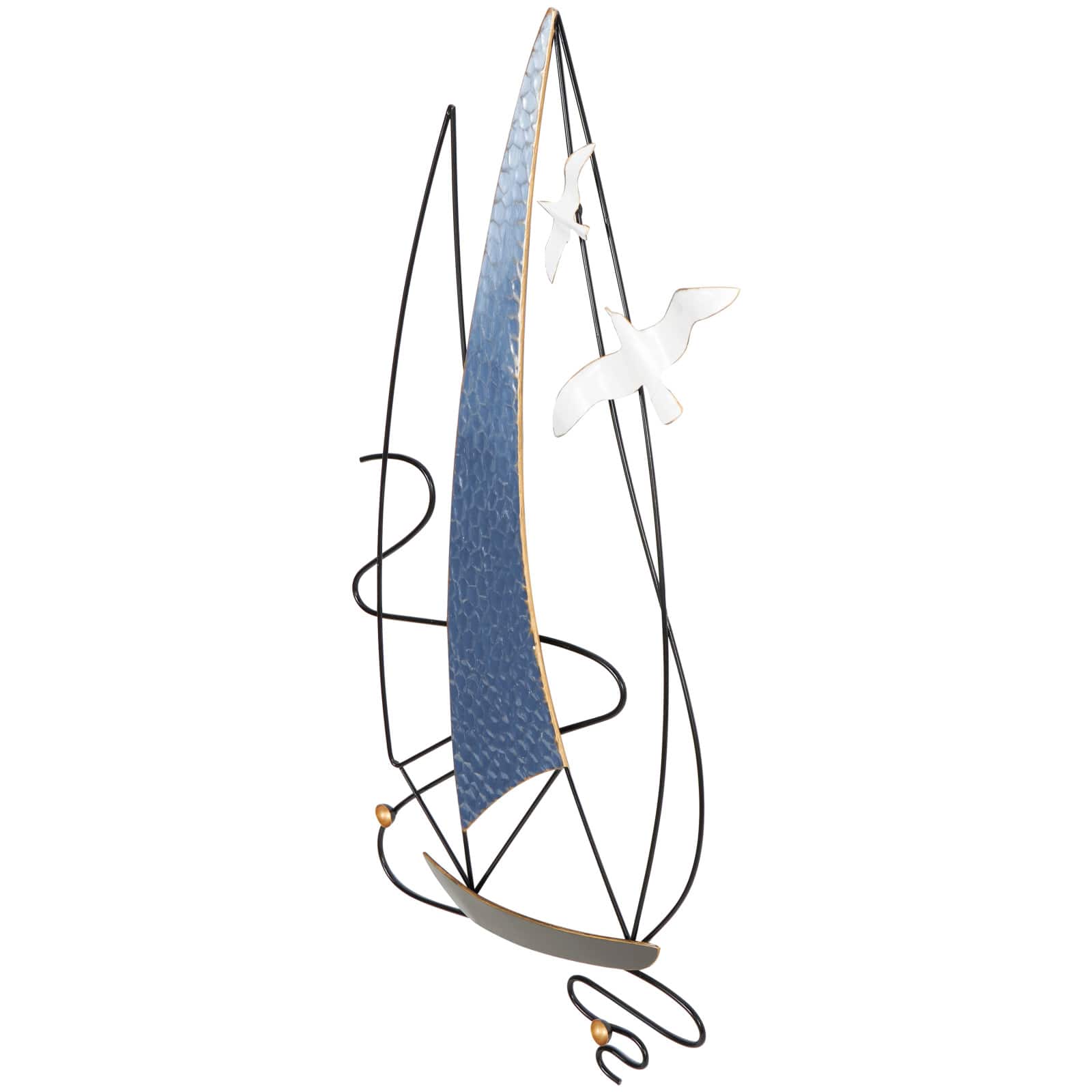 Blue Metal Sailboat Wall Decor with Black Wire Frame and White Bird Accents